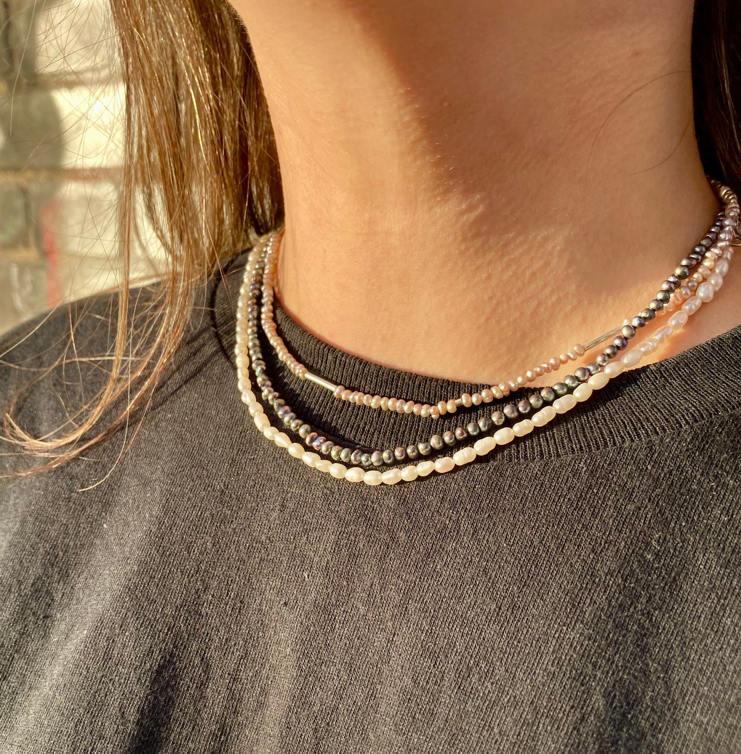 Delicate Black Freshwater Pearl Necklace with Tiny 3mm Pearls and Sterling Silver Clasp