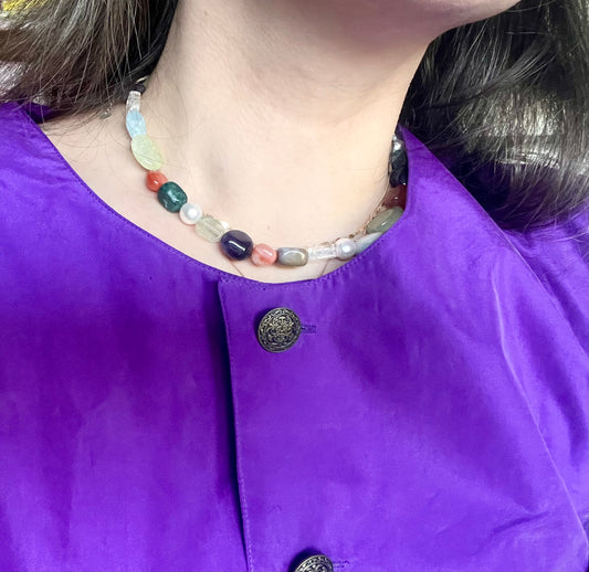 Chunky Gemstone Mix Chocker Necklace With Handmade 925 Silver Details