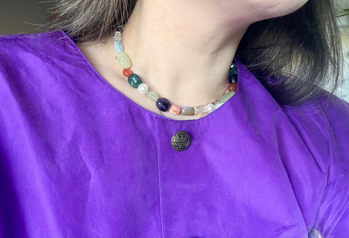 Chunky Gemstone Mix Chocker Necklace With Handmade 925 Silver Details
