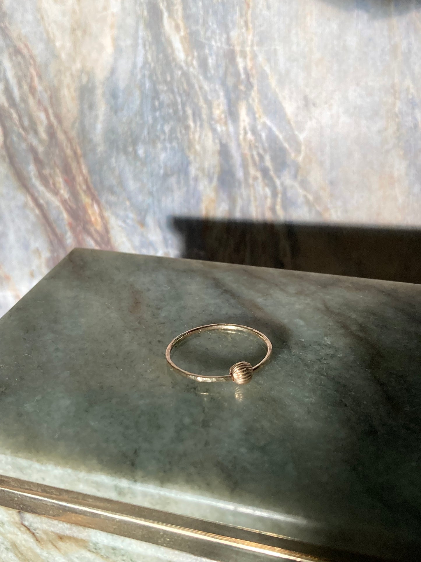 Handmade 9K Gold Fidget Ring with Hammered Band and Smooth Rolling Bead for Anxiety Relief