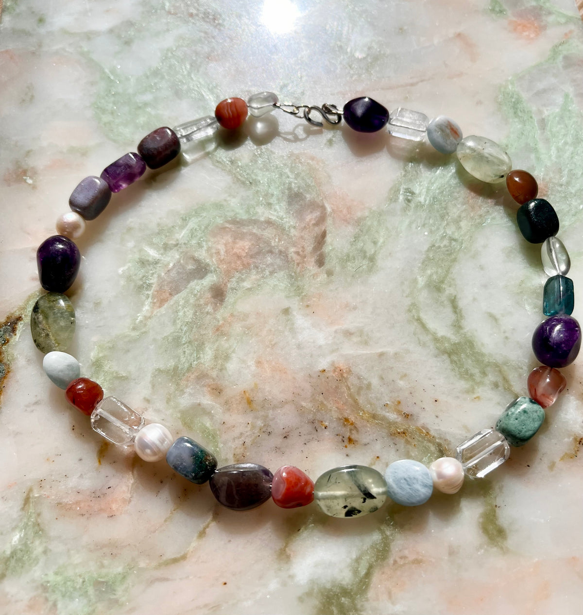 Chunky Gemstone Mix Chocker Necklace With Handmade 925 Silver Details