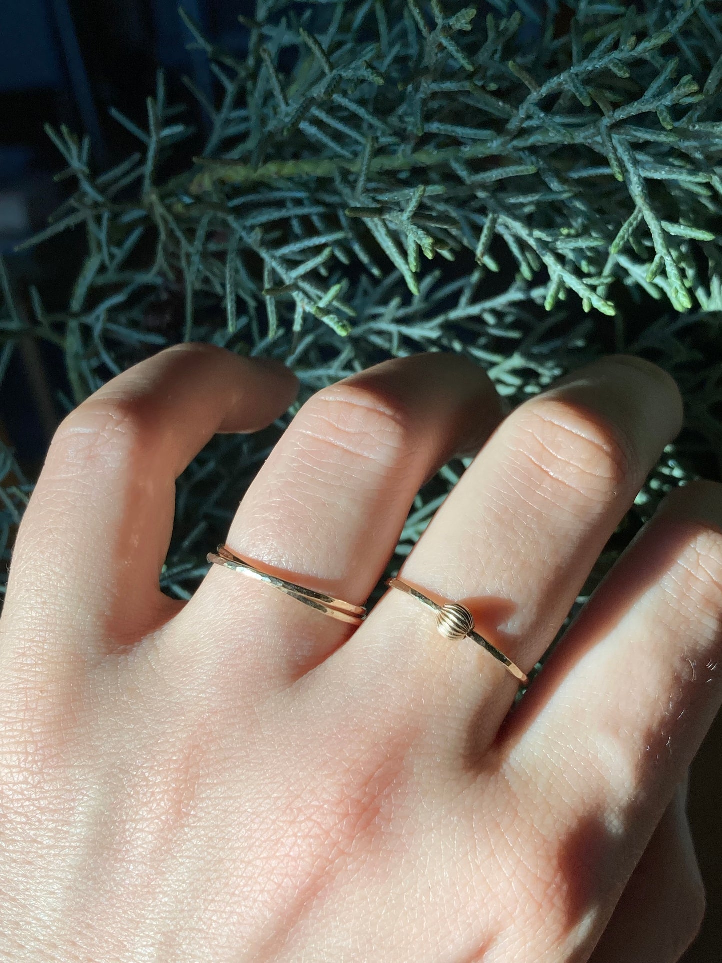 Handmade 9K Gold Fidget Ring with Hammered Band and Smooth Rolling Bead for Anxiety Relief