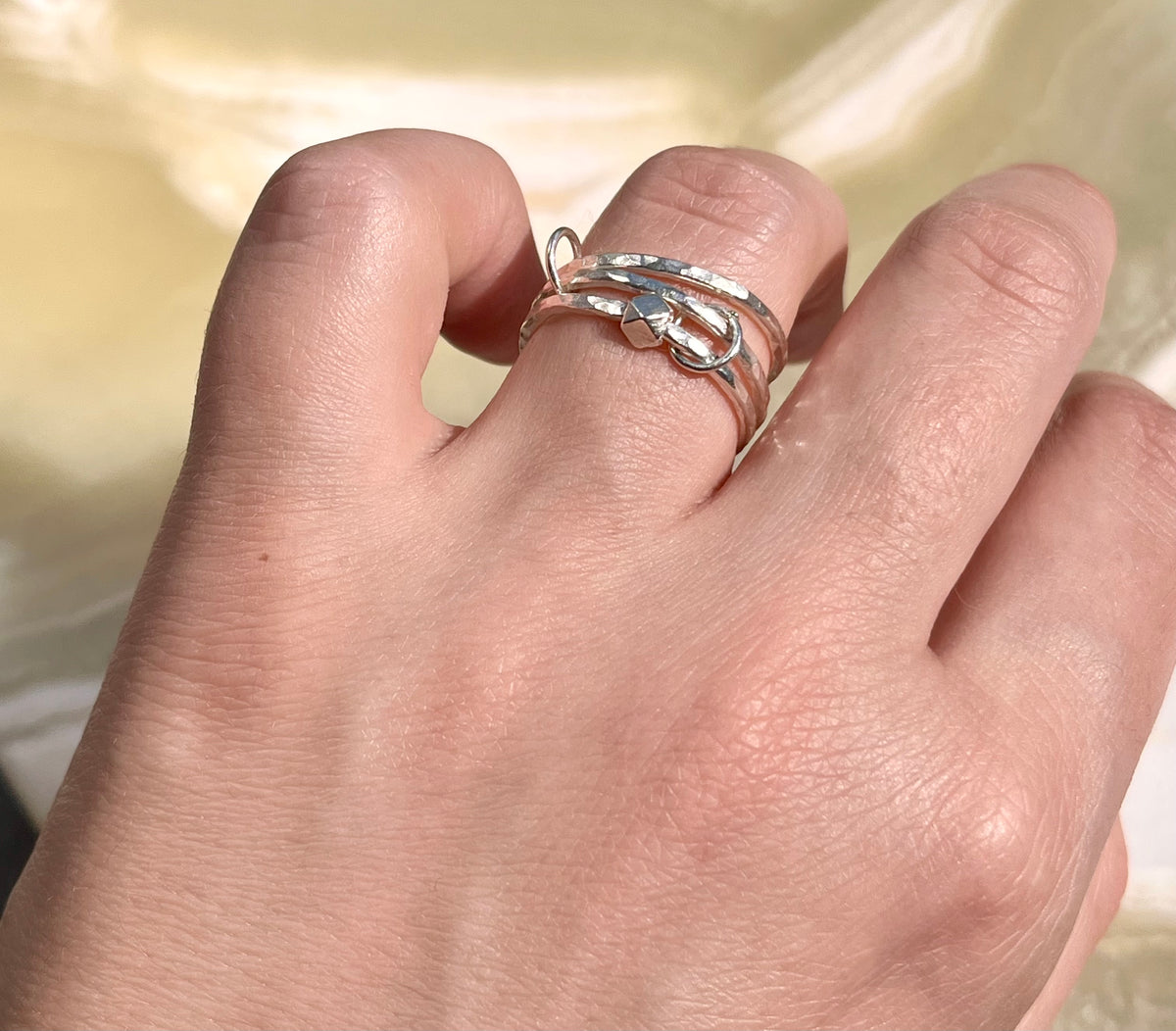 Handmade Silver Anti-Anxiety Ring Made Of Three Textured Rings With Movable Beads