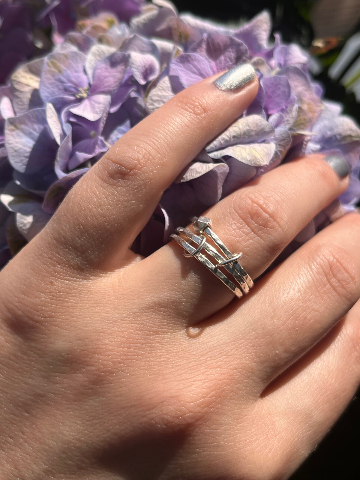 Handmade Silver Anti-Anxiety Ring Made Of Three Textured Rings With Movable Beads