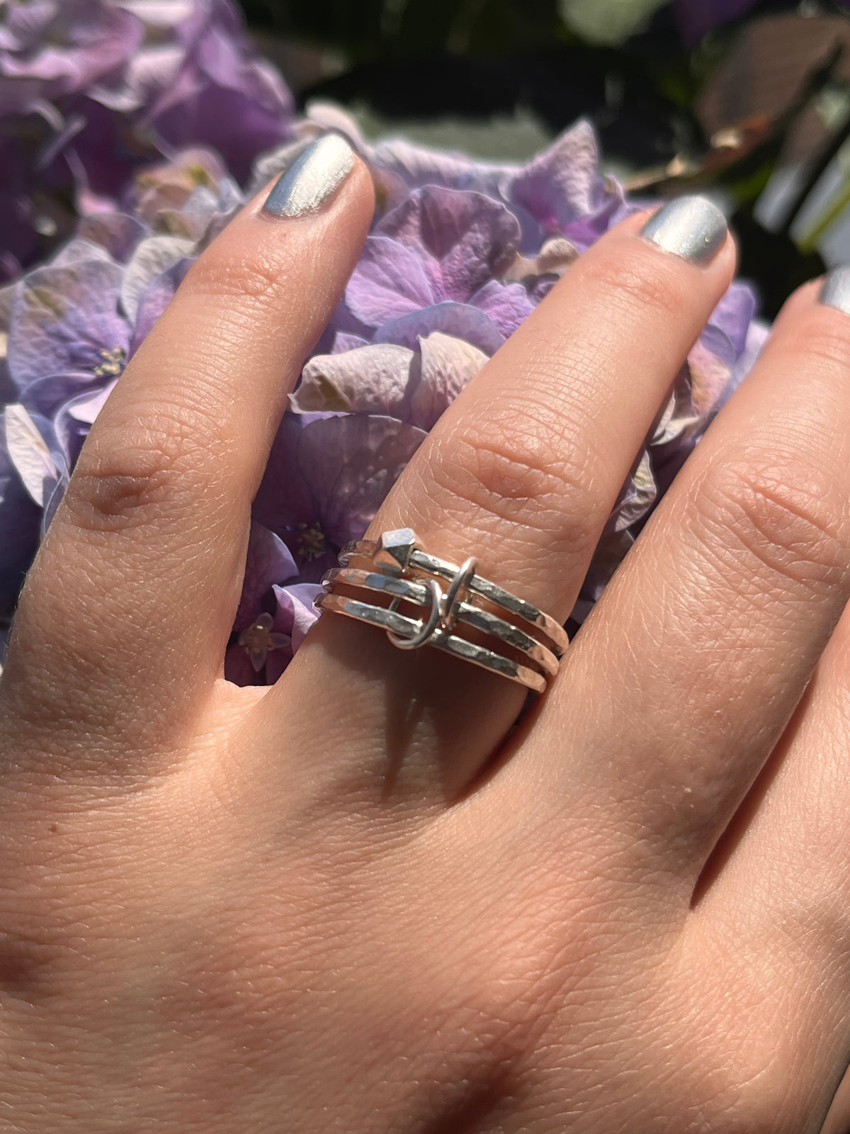 Handmade Silver Anti-Anxiety Ring Made Of Three Textured Rings With Movable Beads