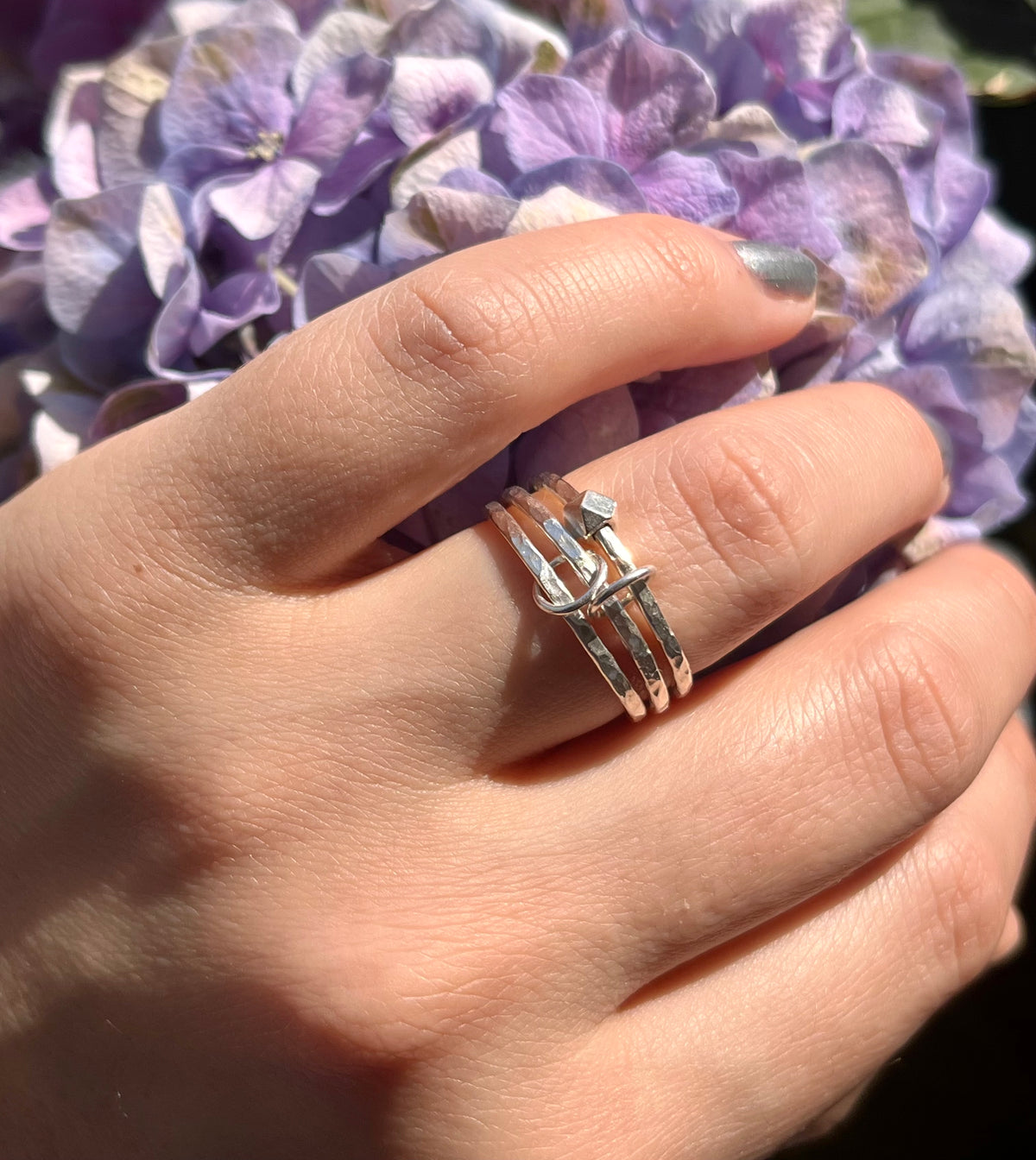 Handmade Silver Anti-Anxiety Ring Made Of Three Textured Rings With Movable Beads
