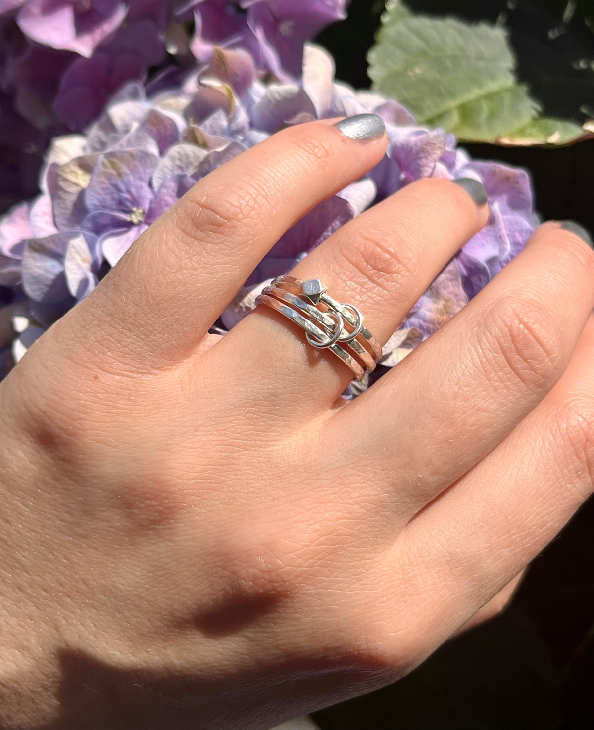 Handmade Silver Anti-Anxiety Ring Made Of Three Textured Rings With Movable Beads
