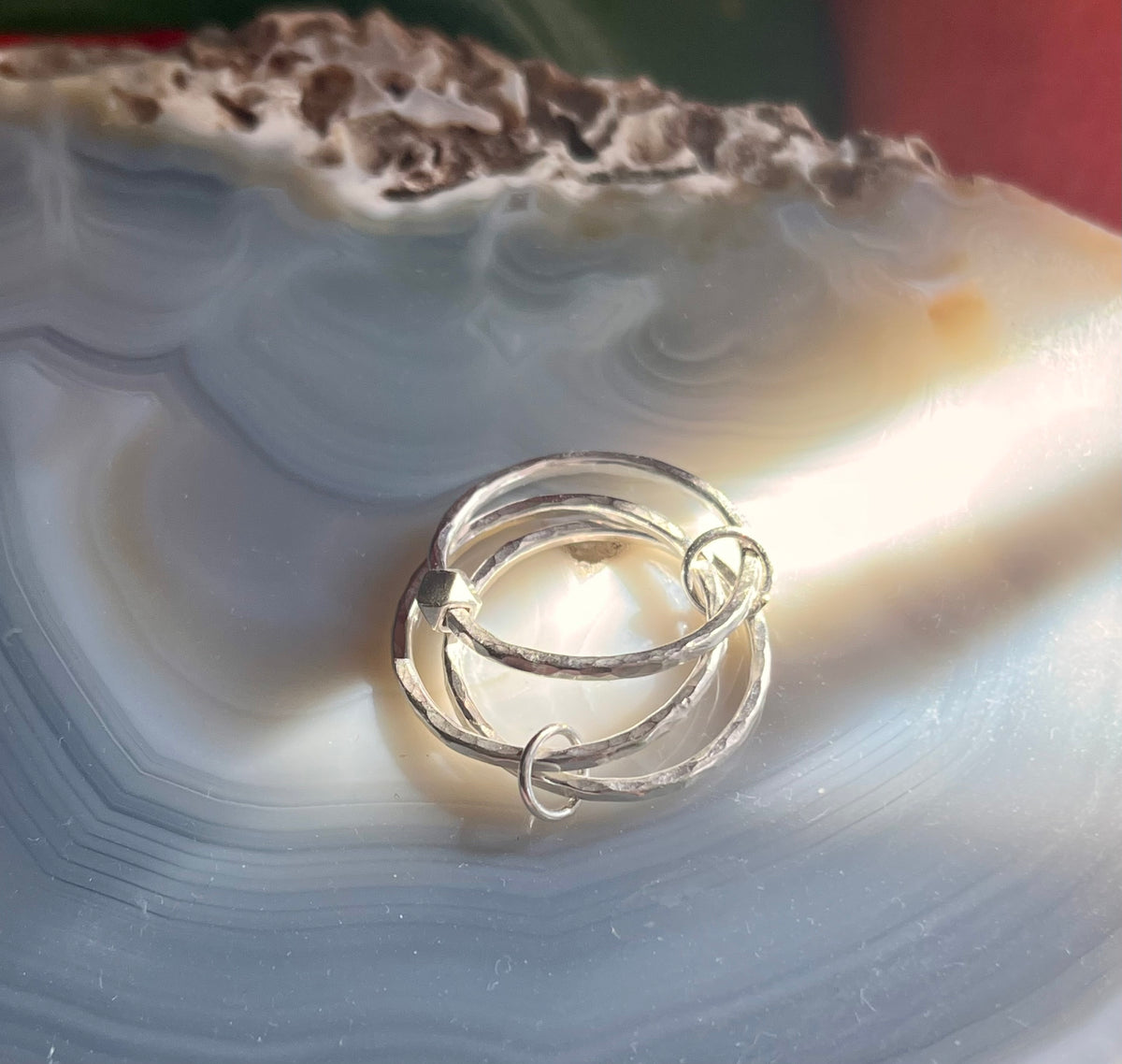 Handmade Silver Anti-Anxiety Ring Made Of Three Textured Rings With Movable Beads