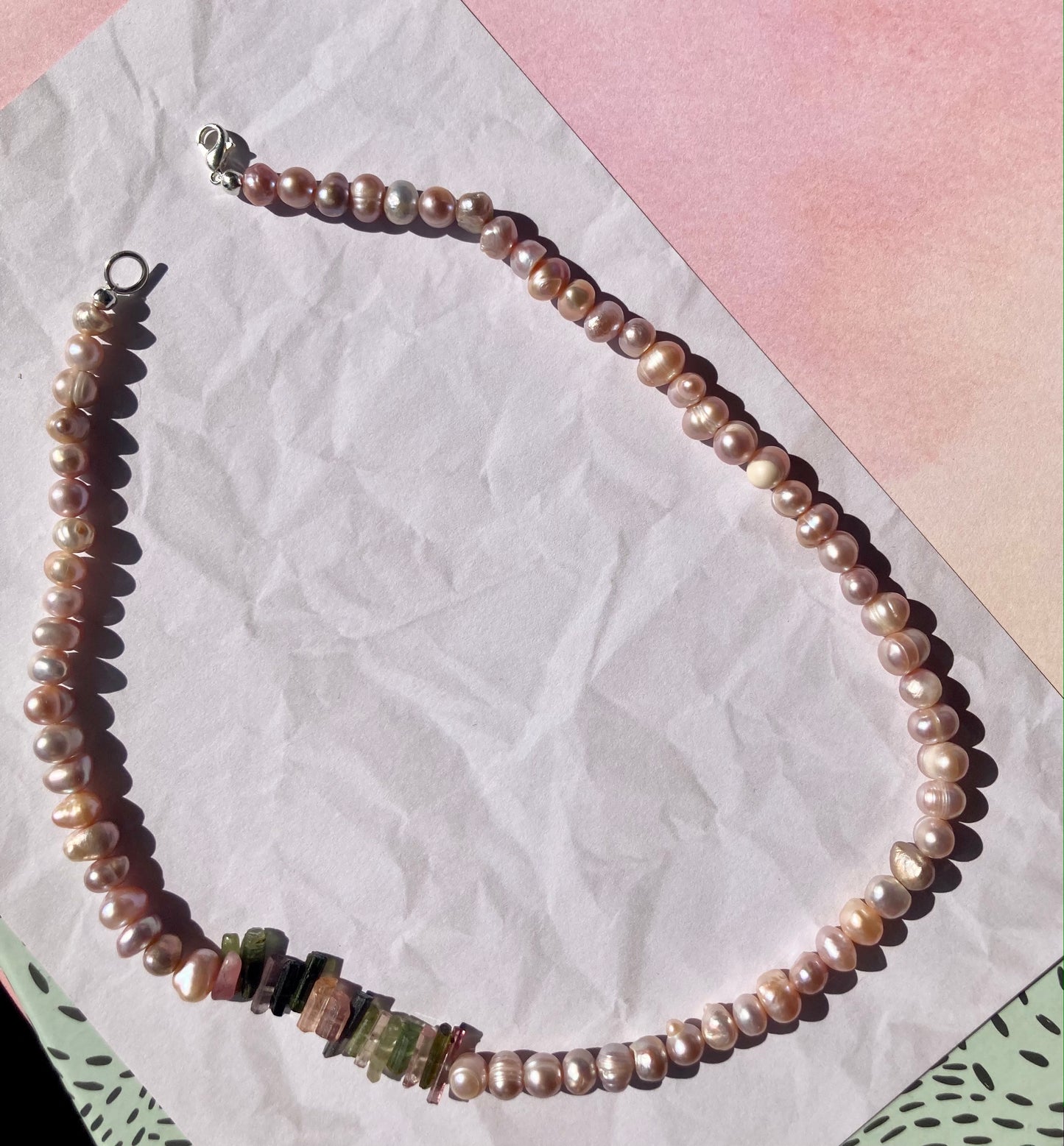 Lush Peach Pearl Beads and Watermelon Tourmaline Sticks Necklace