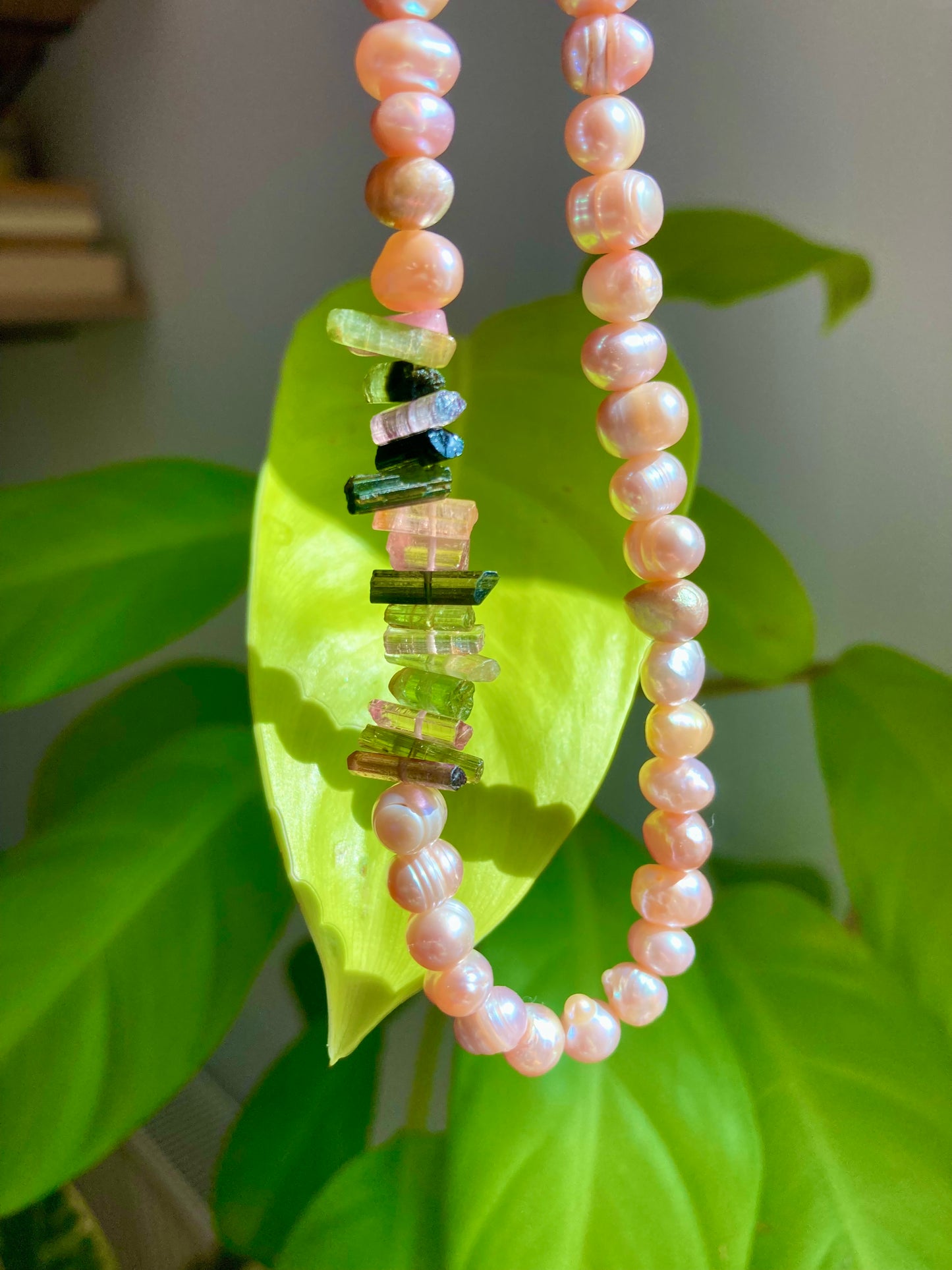 Lush Peach Pearl Beads and Watermelon Tourmaline Sticks Necklace
