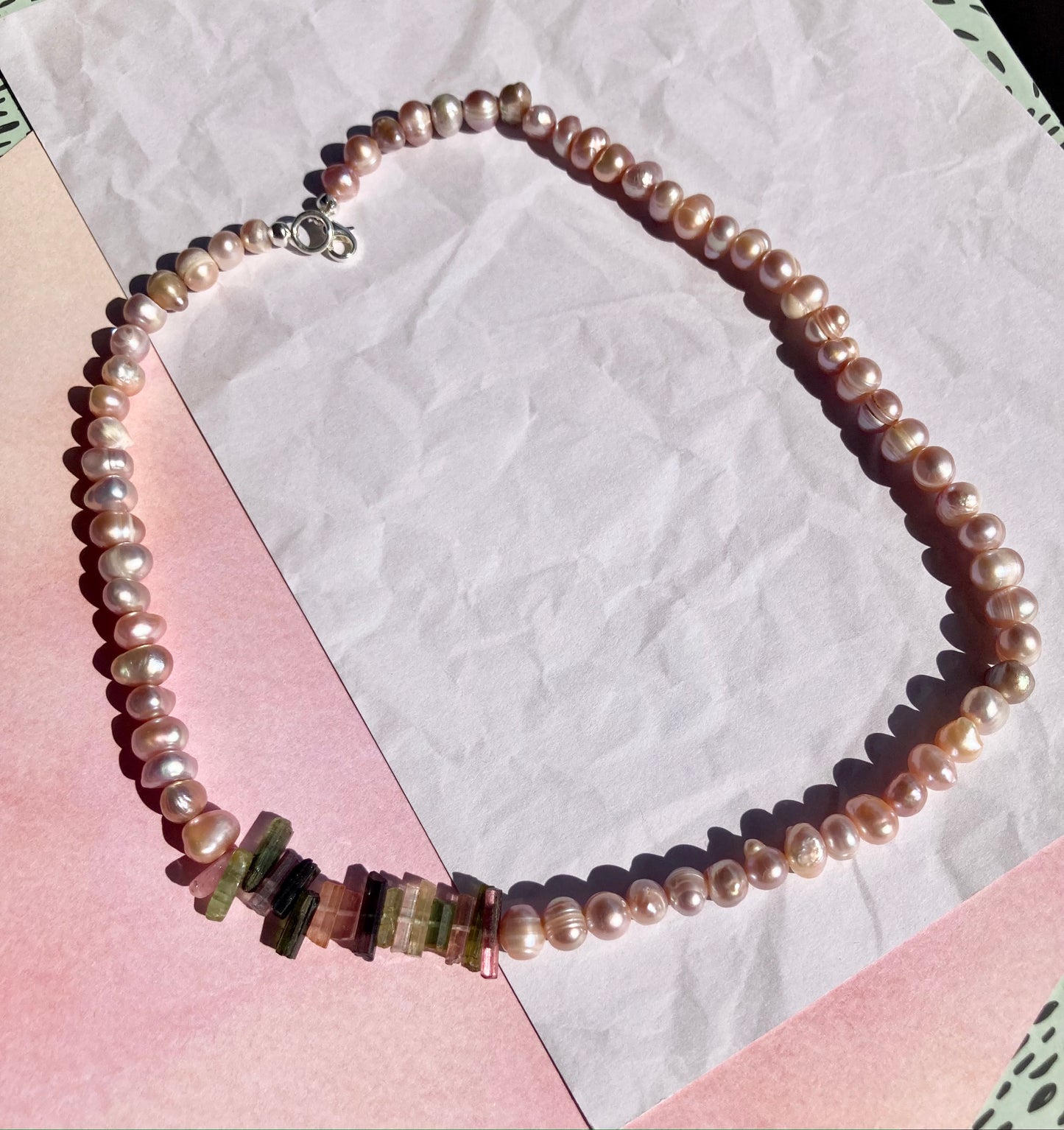 Lush Peach Pearl Beads and Watermelon Tourmaline Sticks Necklace