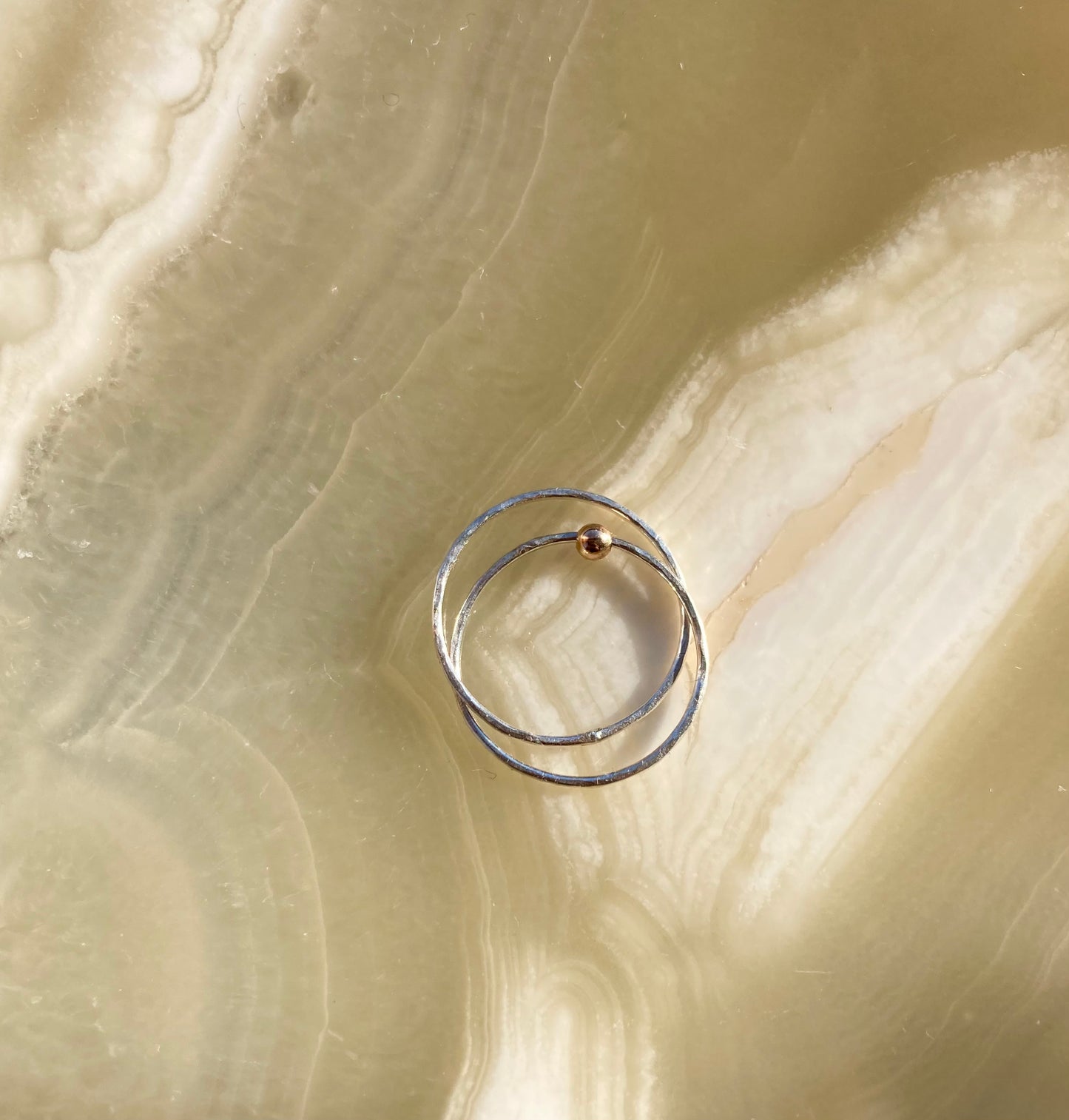 Handmade Silver Anti-Anxiety Ring with Two Joined Bands and Solid 9K Gold Rolling Bead