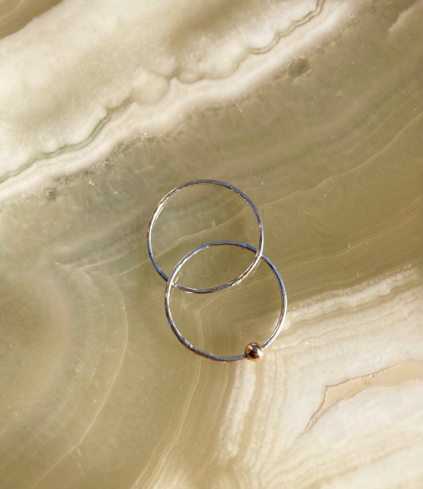 Handmade Silver Anti-Anxiety Ring with Two Joined Bands and Solid 9K Gold Rolling Bead