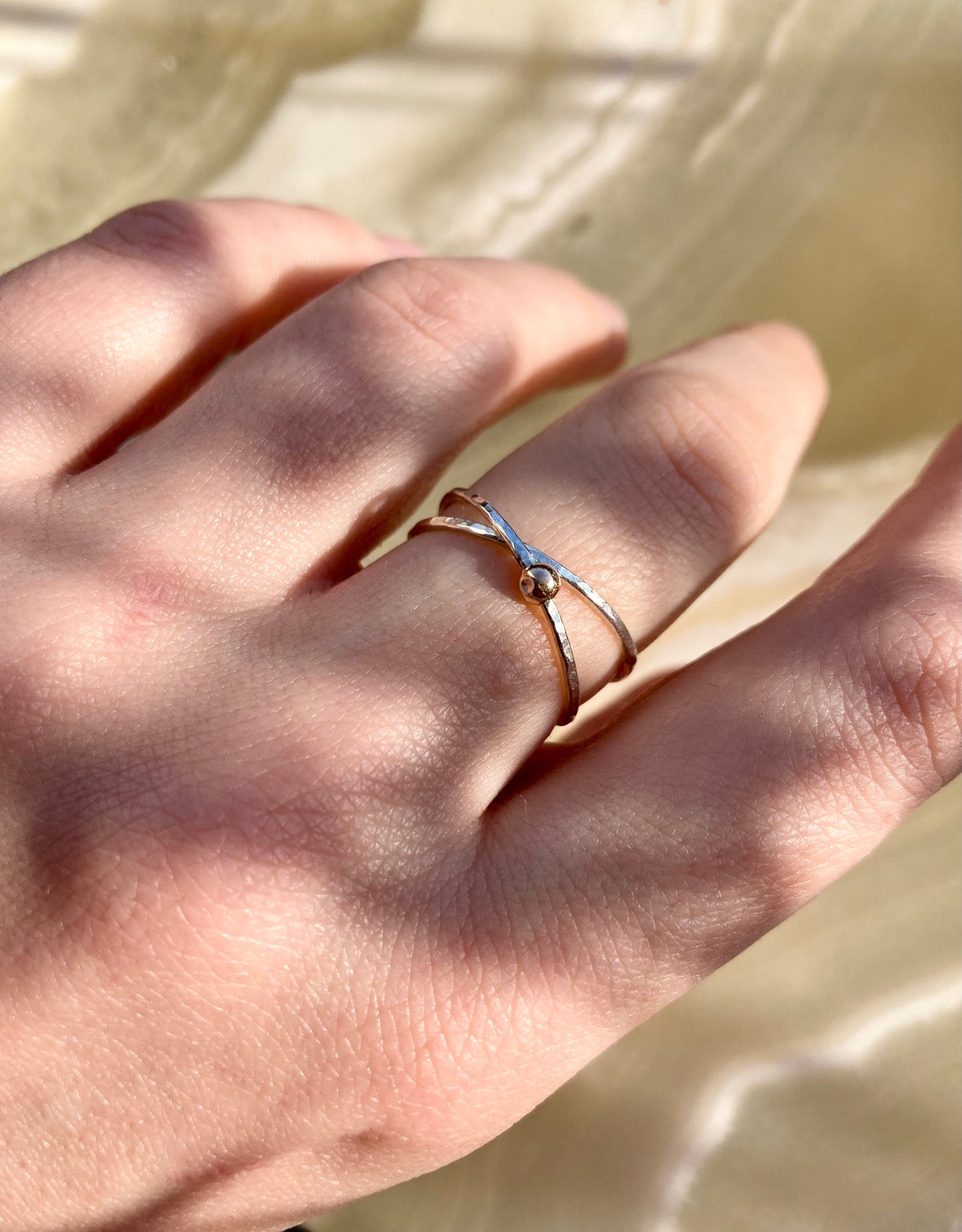 Handmade Silver Anti-Anxiety Ring with Two Joined Bands and Solid 9K Gold Rolling Bead