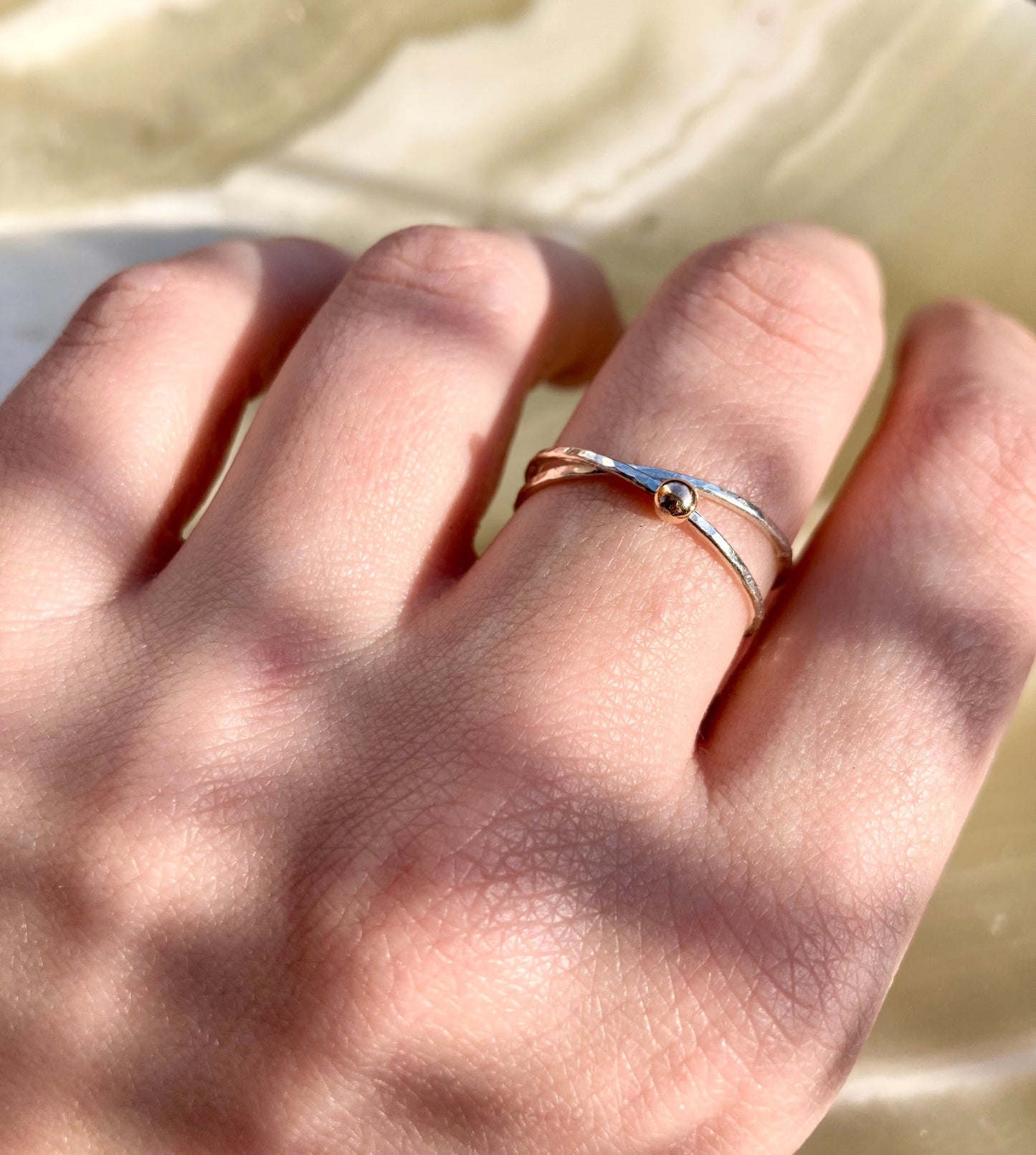 Handmade Silver Anti-Anxiety Ring with Two Joined Bands and Solid 9K Gold Rolling Bead