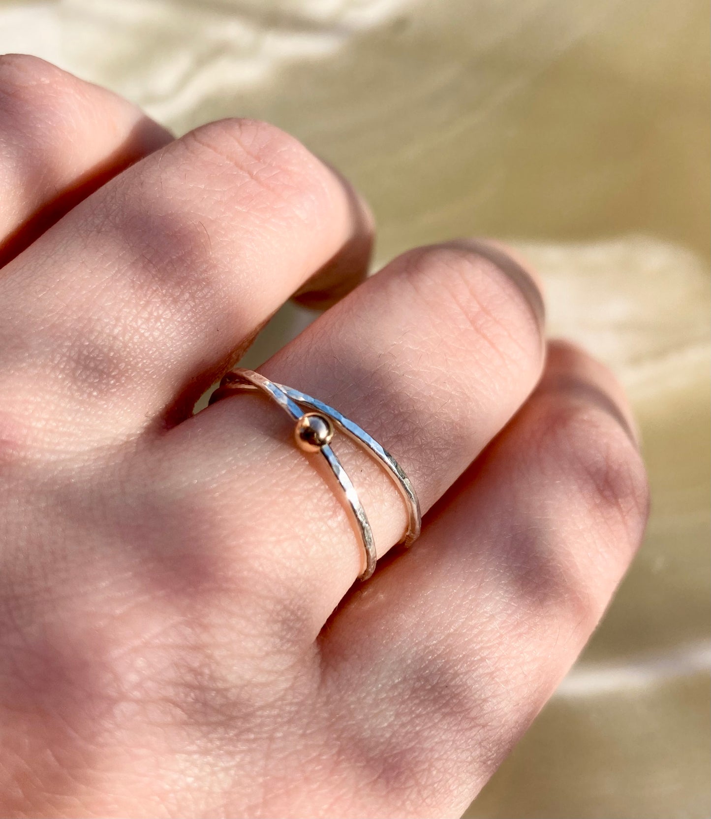 Handmade Silver Anti-Anxiety Ring with Two Joined Bands and Solid 9K Gold Rolling Bead
