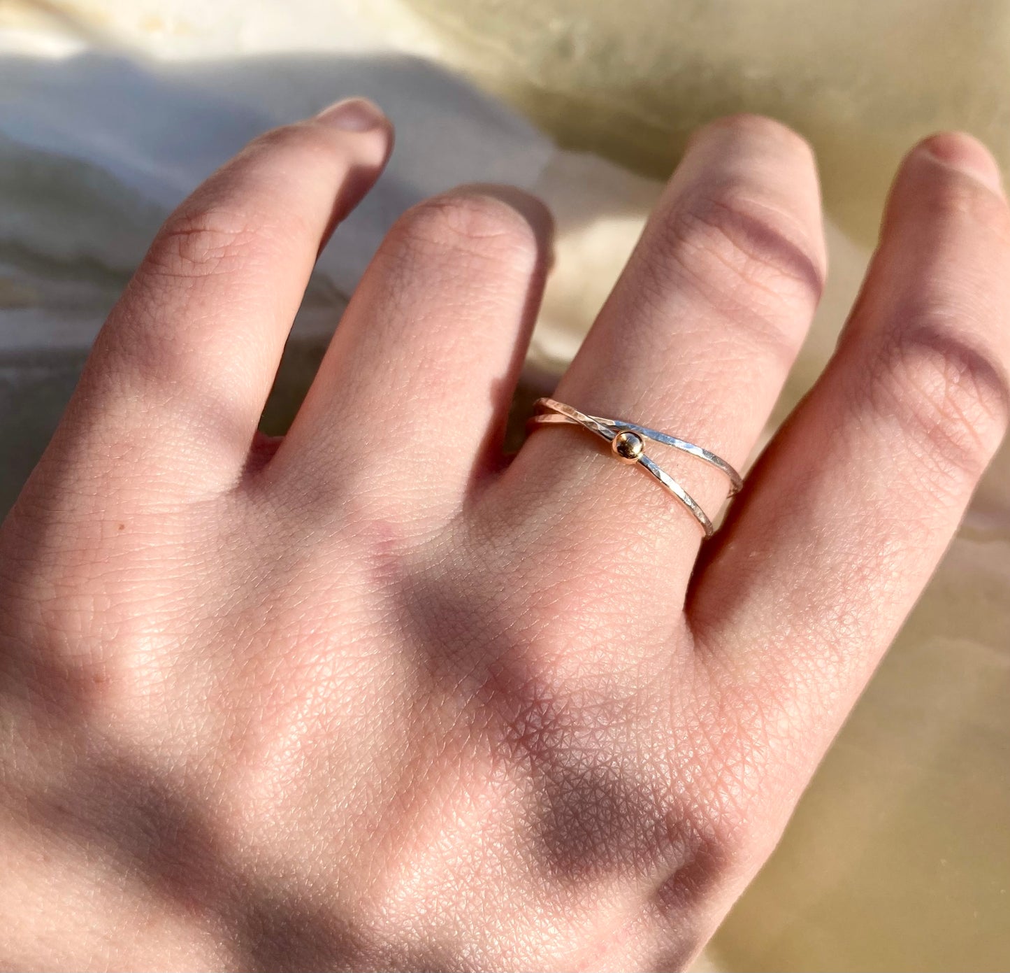Handmade Silver Anti-Anxiety Ring with Two Joined Bands and Solid 9K Gold Rolling Bead