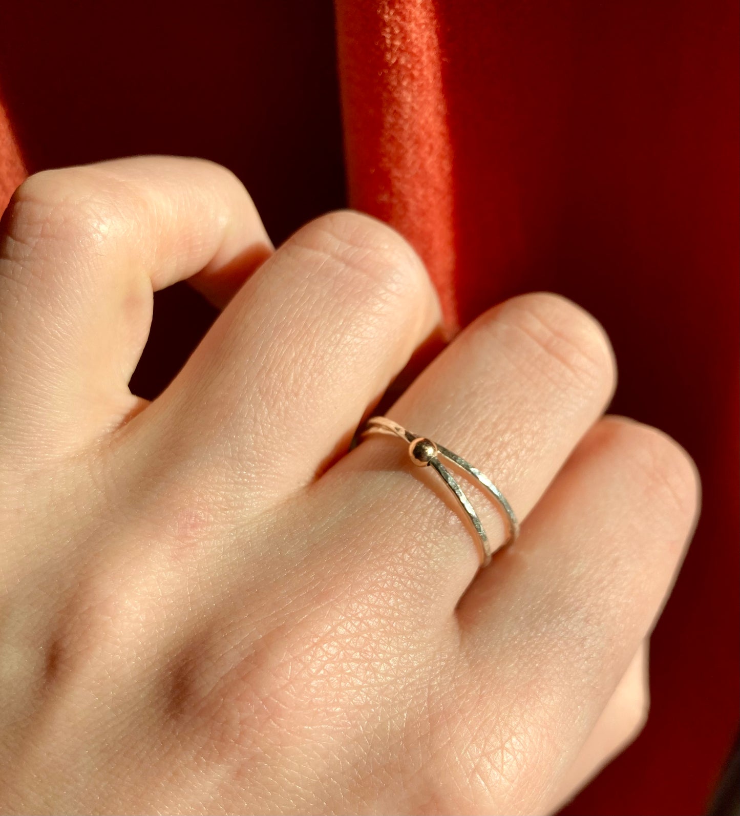 Handmade Silver Anti-Anxiety Ring with Two Joined Bands and Solid 9K Gold Rolling Bead