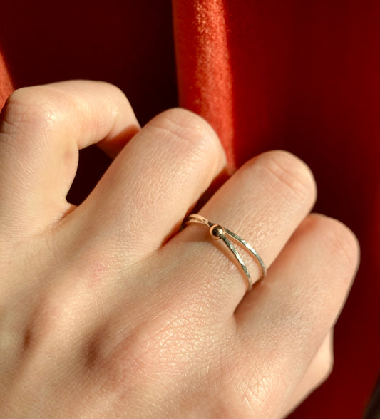 Handmade Silver Anti-Anxiety Ring with Two Joined Bands and Solid 9K Gold Rolling Bead