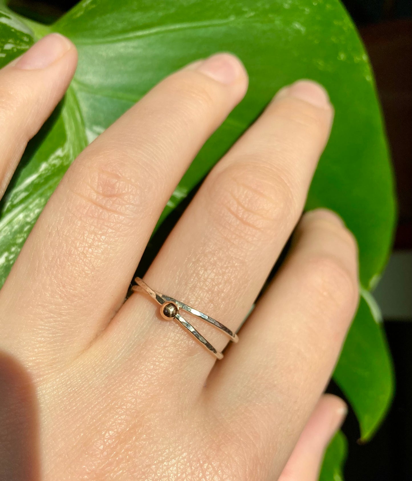 Handmade Silver Anti-Anxiety Ring with Two Joined Bands and Solid 9K Gold Rolling Bead