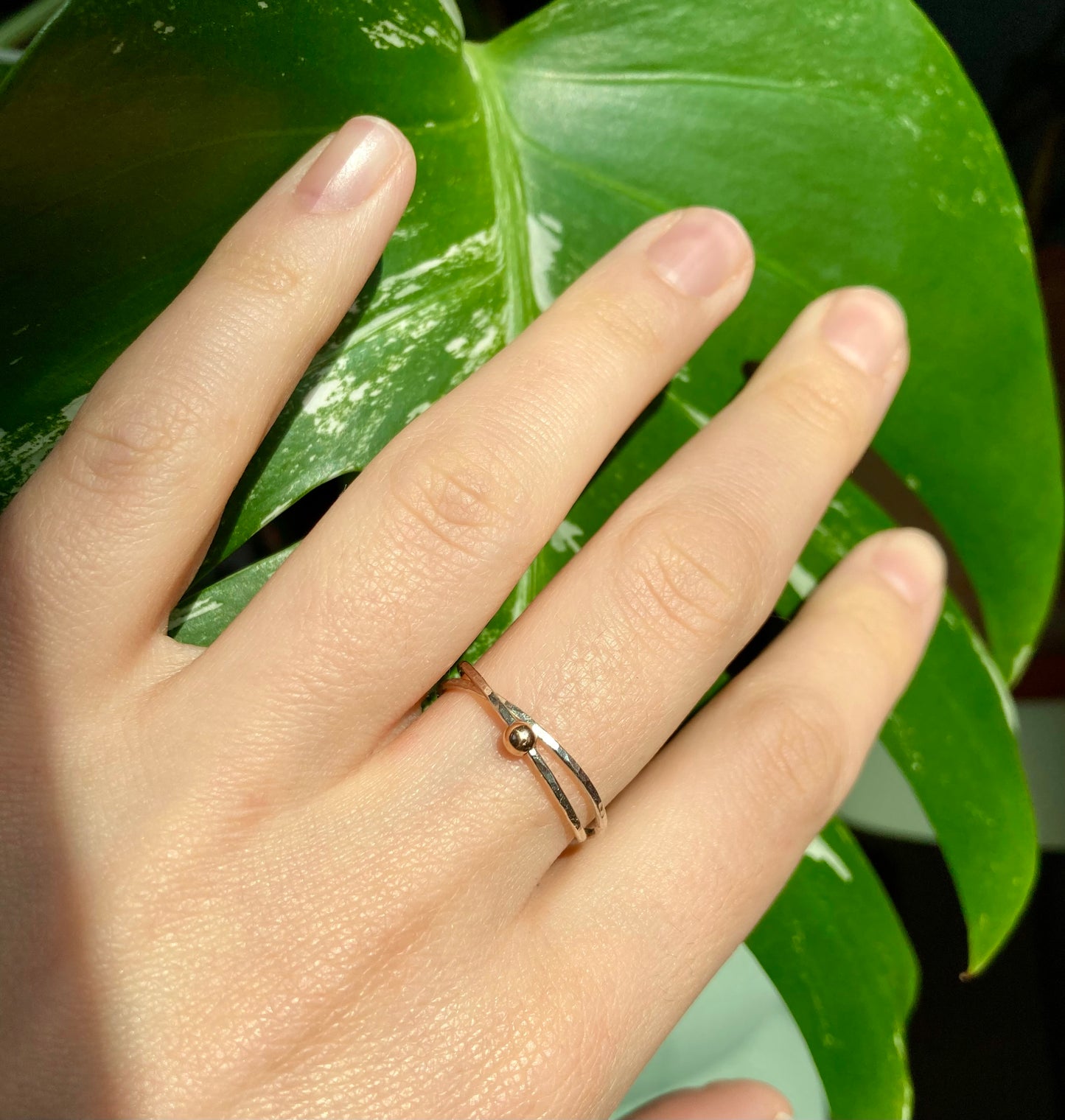 Handmade Silver Anti-Anxiety Ring with Two Joined Bands and Solid 9K Gold Rolling Bead