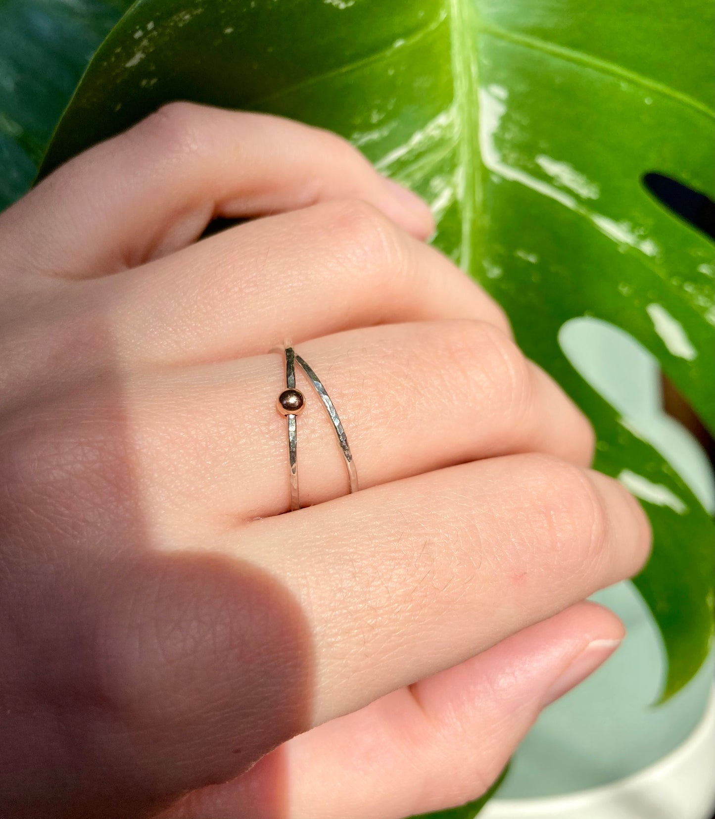 Handmade Silver Anti-Anxiety Ring with Two Joined Bands and Solid 9K Gold Rolling Bead
