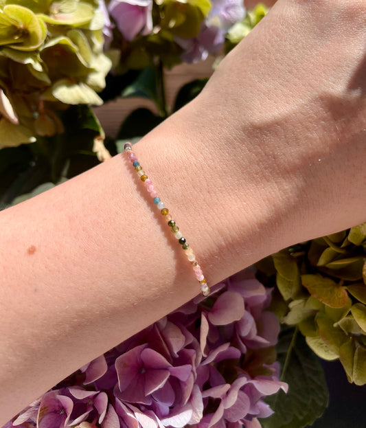 Dainty Rainbow Tourmaline Elastic Bracelet Handmade From Multi-Color Gemstone Rondelle Beads