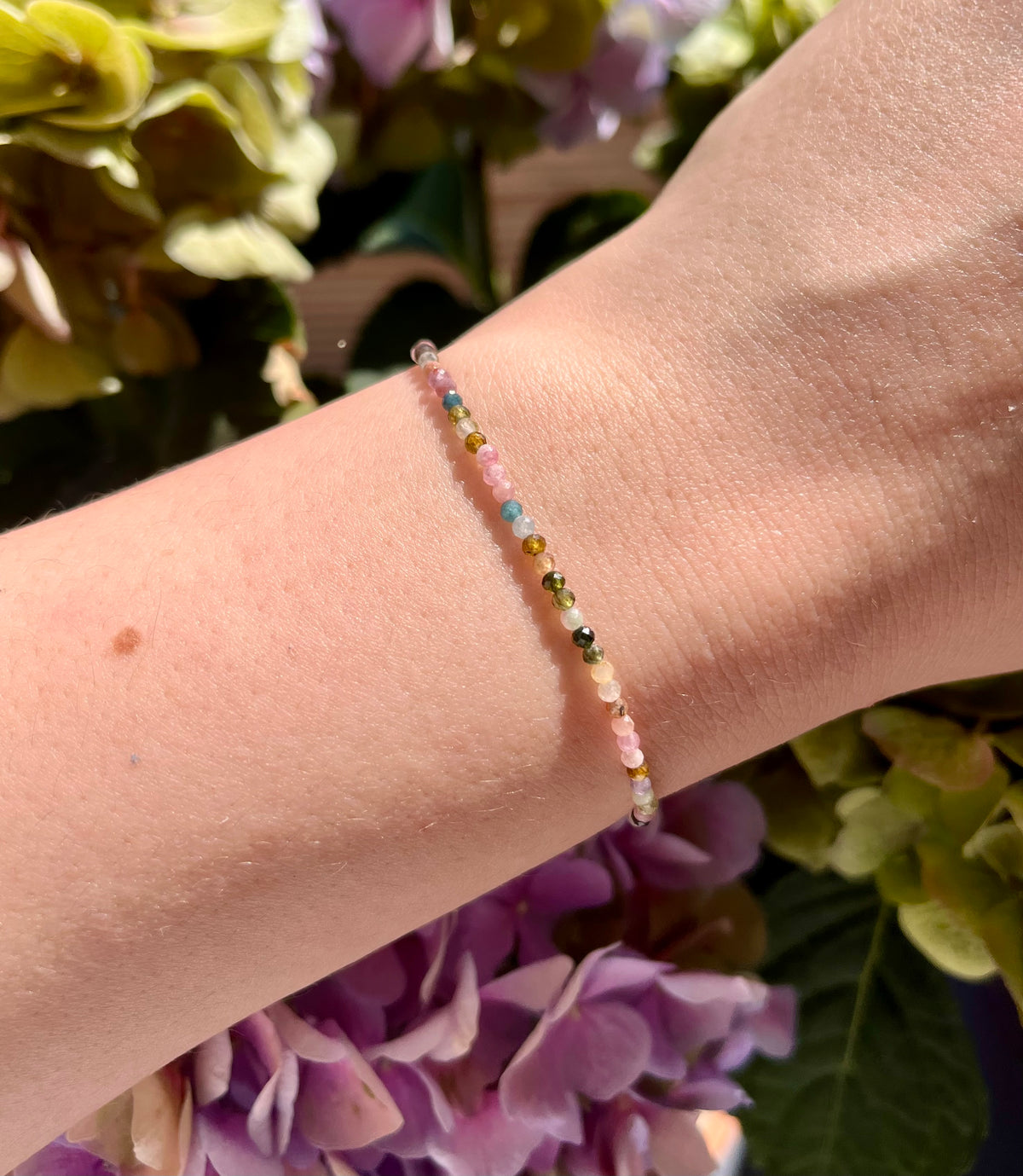 Dainty Rainbow Tourmaline Elastic Bracelet Handmade From Multi-Color Gemstone Rondelle Beads