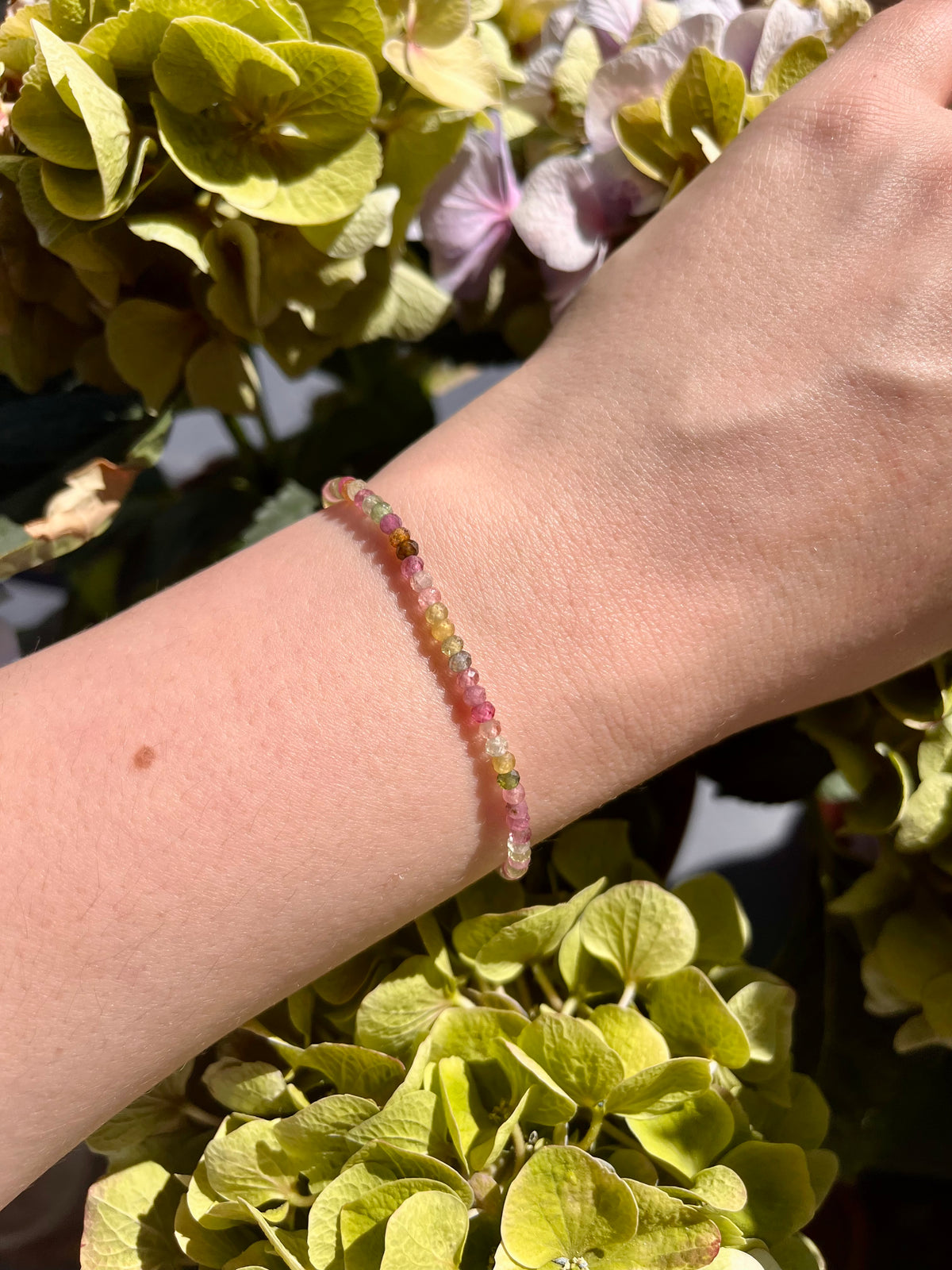 Dainty Rainbow Tourmaline Elastic Bracelet Handmade From Multi-Color Gemstone Rondelle Beads
