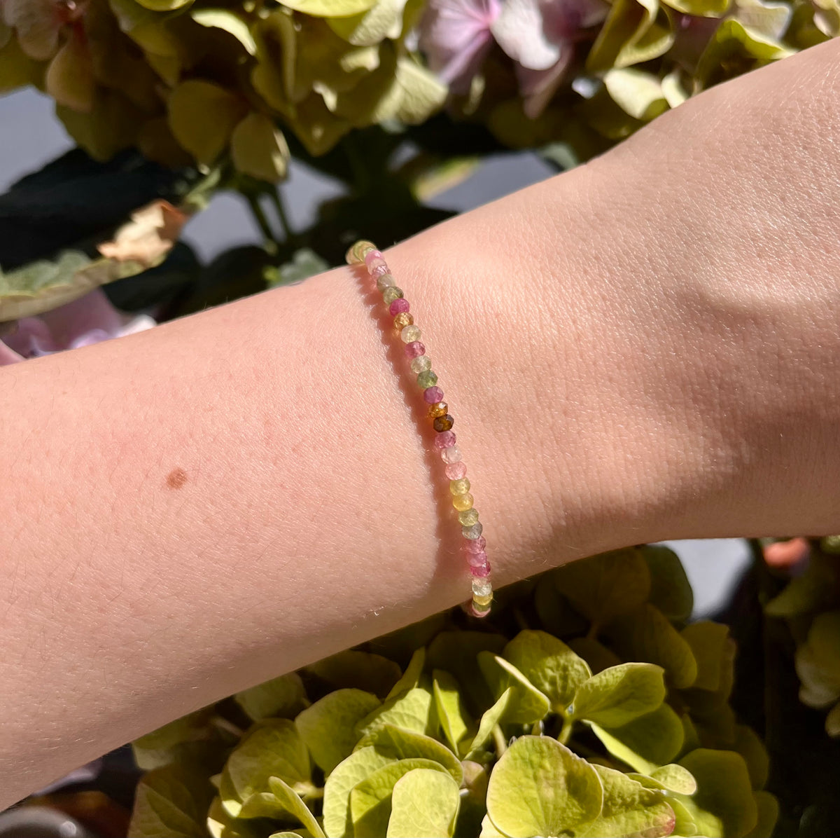 Dainty Rainbow Tourmaline Elastic Bracelet Handmade From Multi-Color Gemstone Rondelle Beads