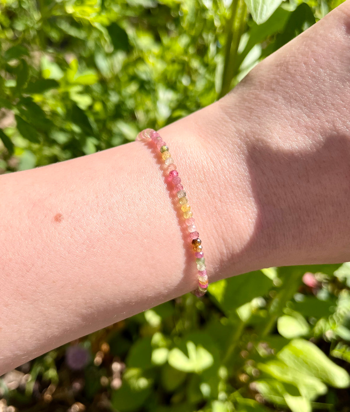 Dainty Rainbow Tourmaline Elastic Bracelet Handmade From Multi-Color Gemstone Rondelle Beads