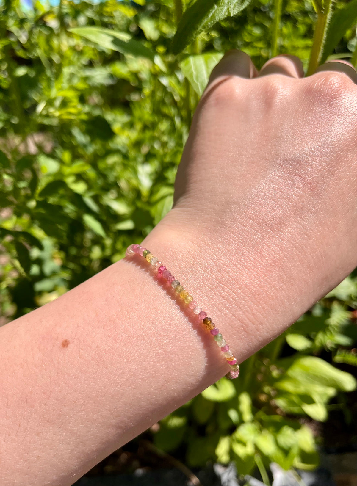 Dainty Rainbow Tourmaline Elastic Bracelet Handmade From Multi-Color Gemstone Rondelle Beads