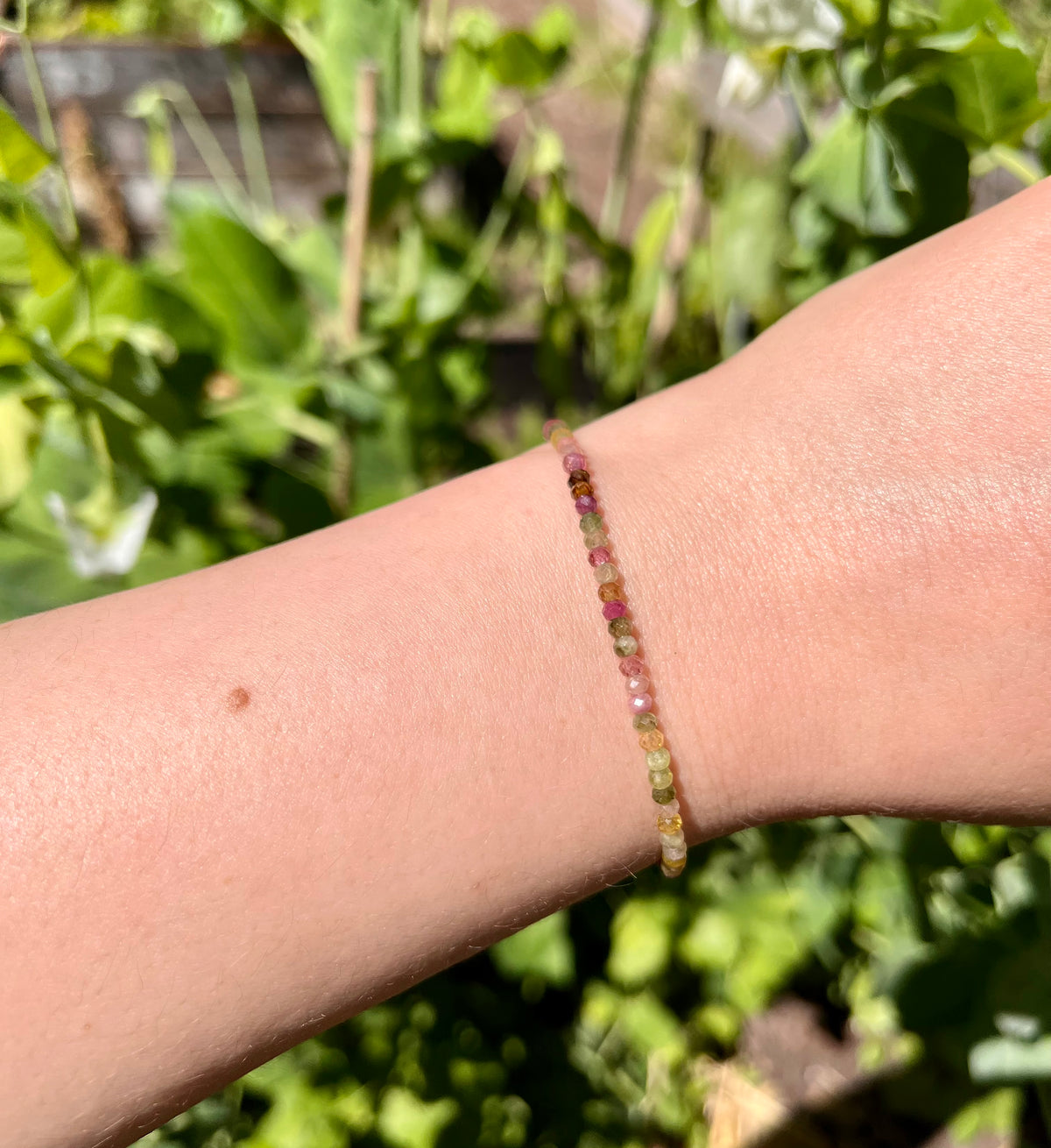 Dainty Rainbow Tourmaline Elastic Bracelet Handmade From Multi-Color Gemstone Rondelle Beads