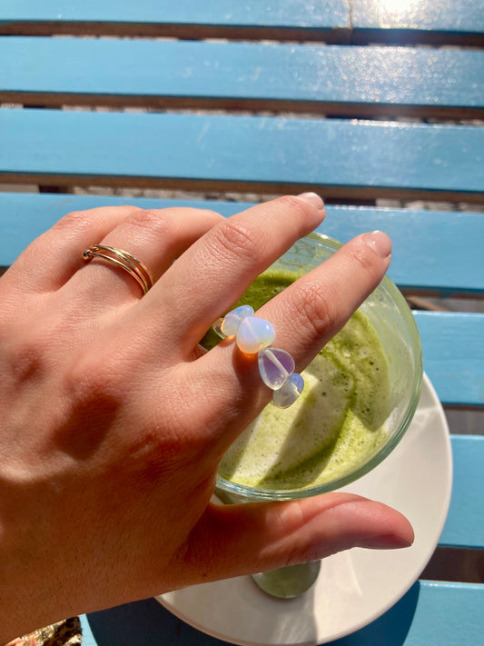 Chunky Handmade Pink Rose Quartz or Moonstone Opal Heart Elastic Anti-Anxiety Ring