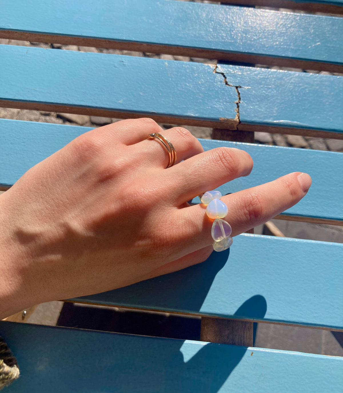 Chunky Handmade Pink Rose Quartz or Moonstone Opal Heart Elastic Anti-Anxiety Ring