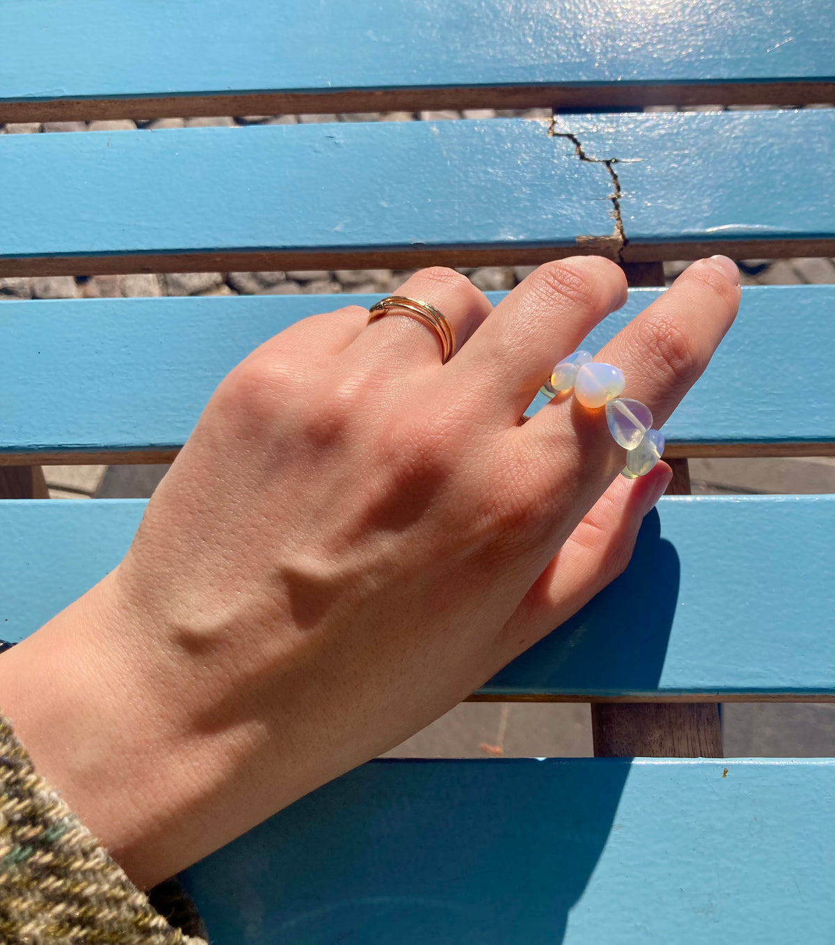 Chunky Handmade Pink Rose Quartz or Moonstone Opal Heart Elastic Anti-Anxiety Ring