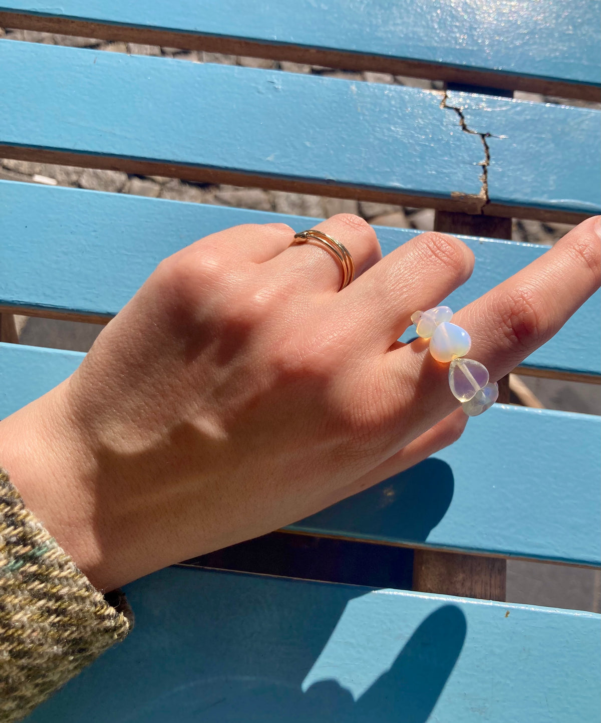 Chunky Handmade Pink Rose Quartz or Moonstone Opal Heart Elastic Anti-Anxiety Ring