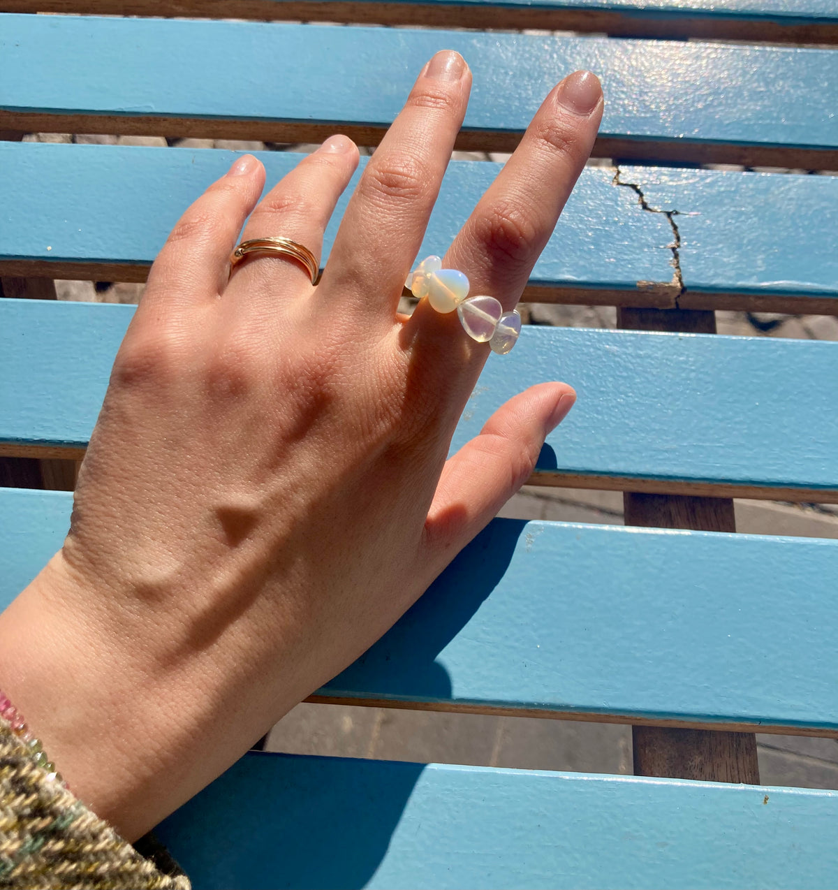 Chunky Handmade Pink Rose Quartz or Moonstone Opal Heart Elastic Anti-Anxiety Ring
