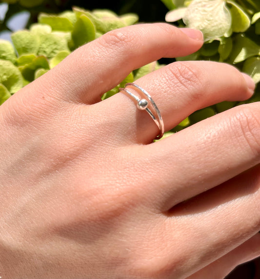 Handmade Silver Anti-Anxiety Ring Made Of Two Joined Thin Rings & Silver Round Bead