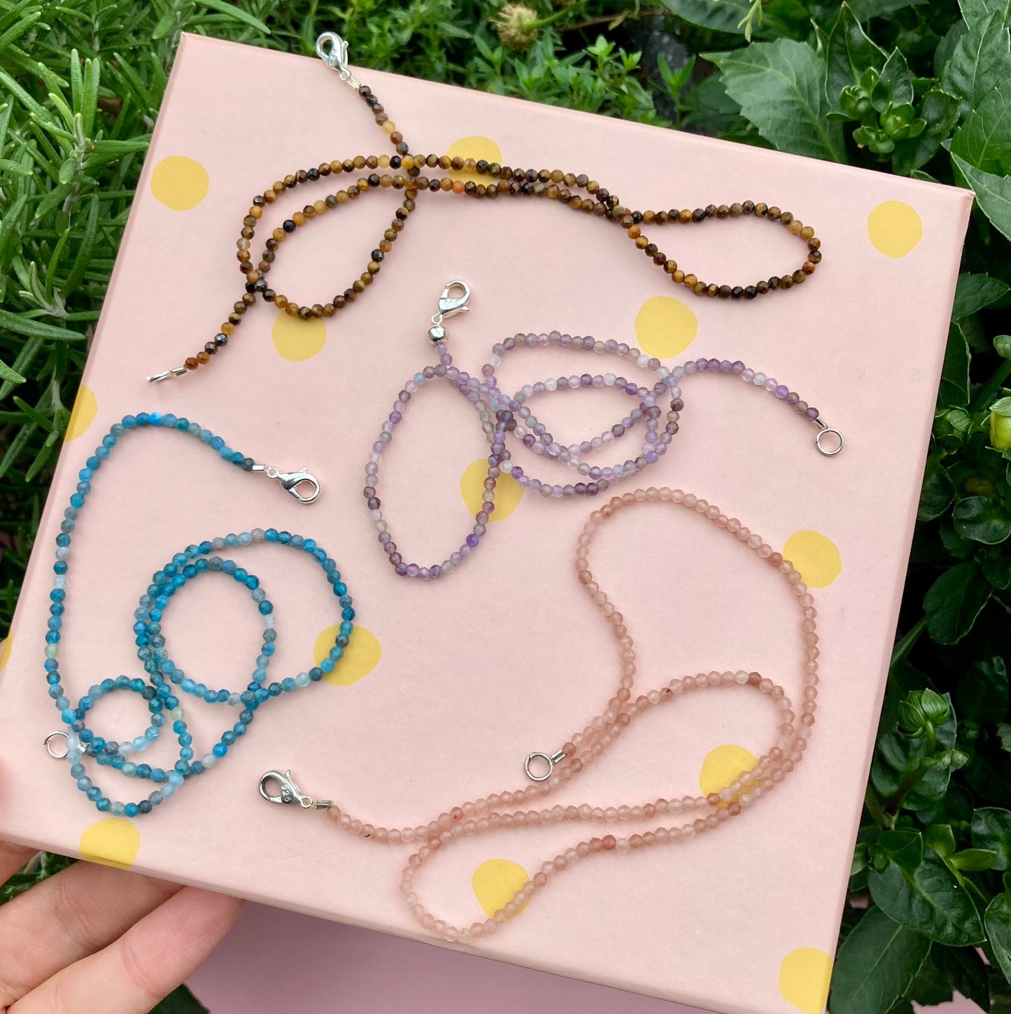 Elastic Necklace of Tiny Shiny Faceted Gemstone Beads