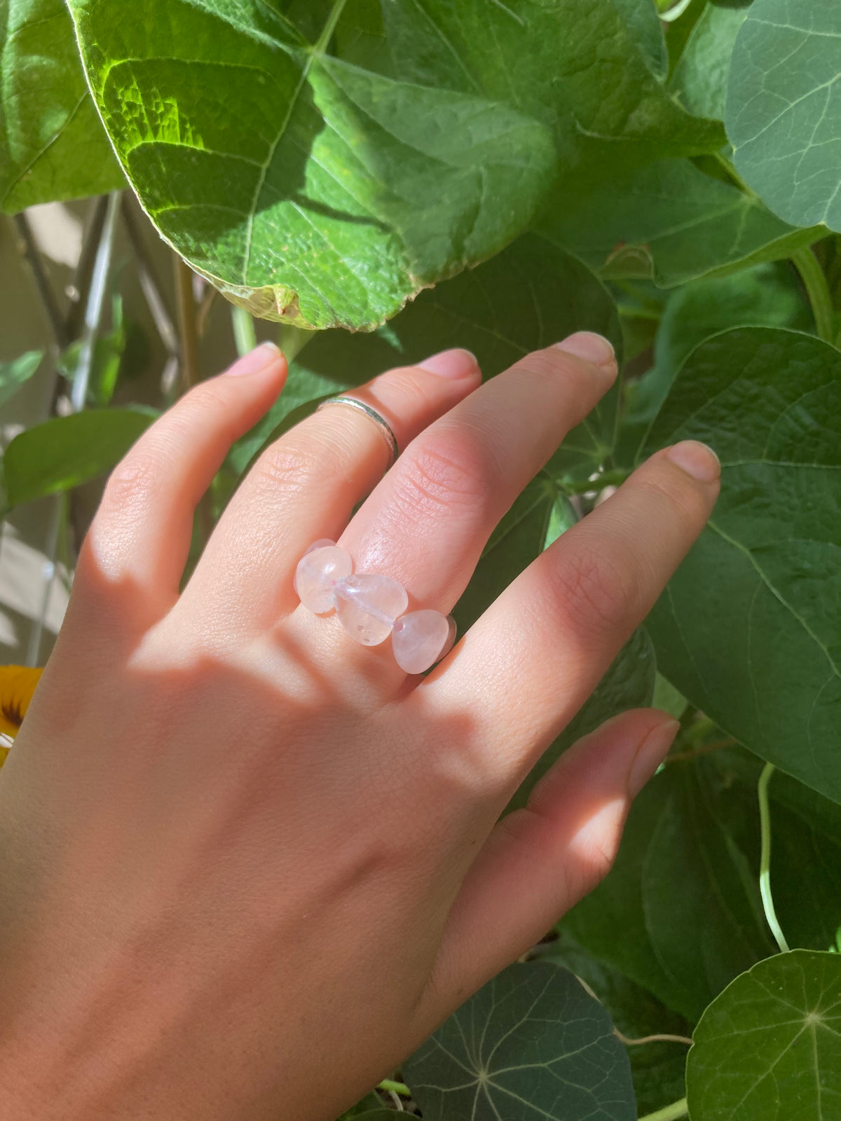 Chunky Handmade Pink Rose Quartz or Moonstone Opal Heart Elastic Anti-Anxiety Ring