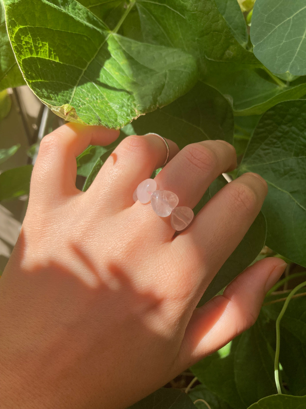 Chunky Handmade Pink Rose Quartz or Moonstone Opal Heart Elastic Anti-Anxiety Ring