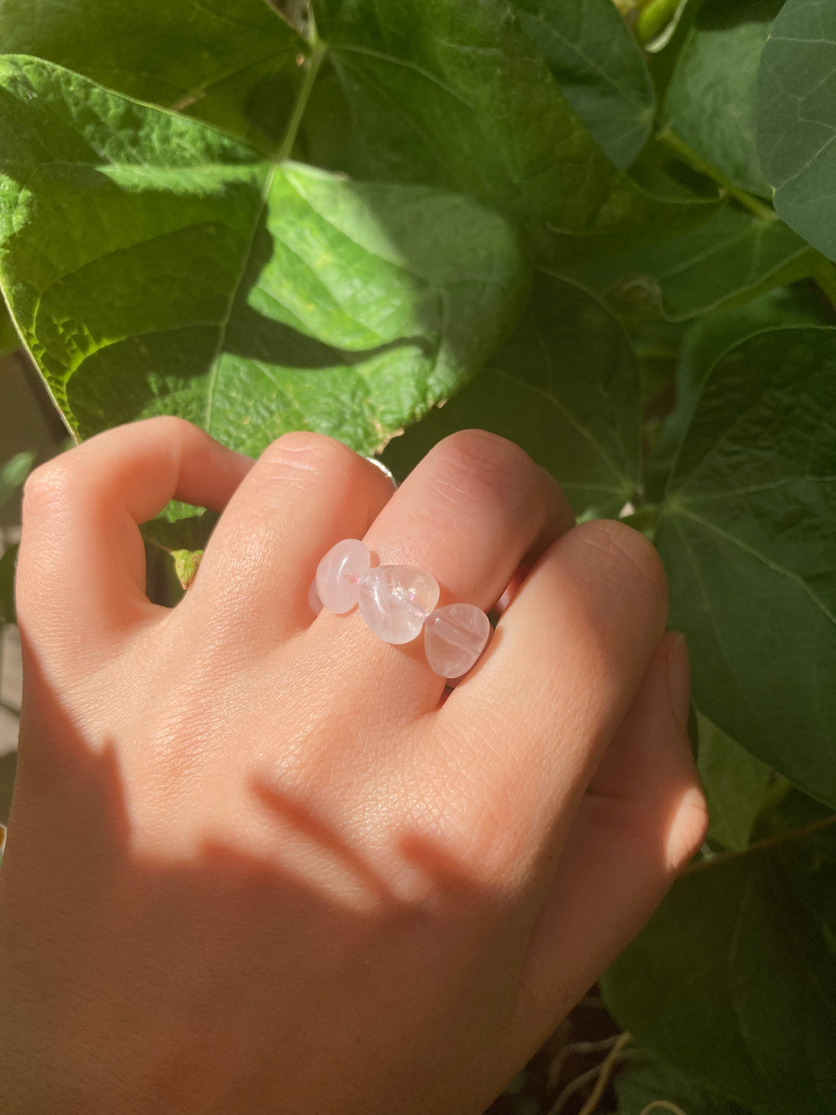 Chunky Handmade Pink Rose Quartz or Moonstone Opal Heart Elastic Anti-Anxiety Ring