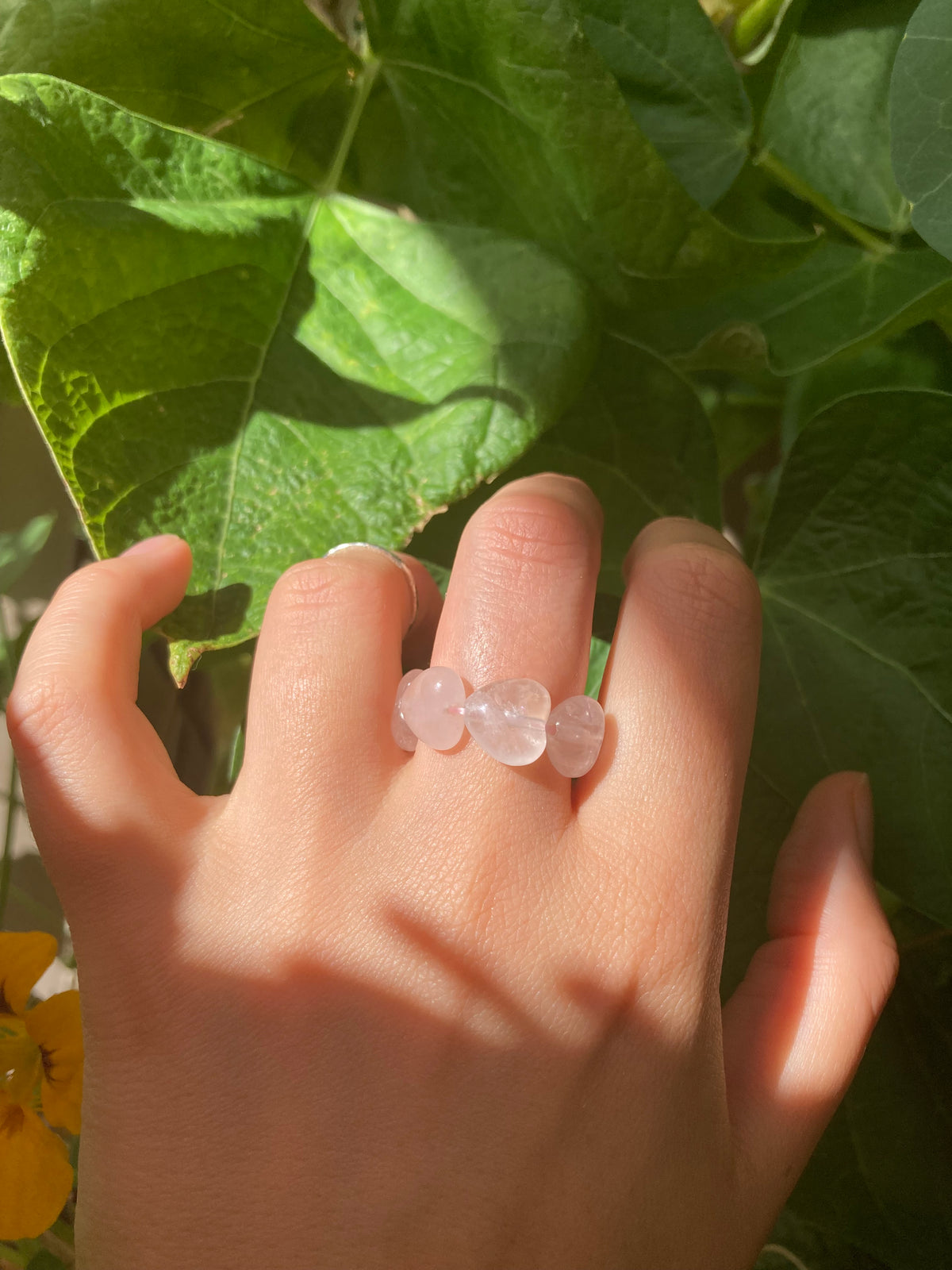 Chunky Handmade Pink Rose Quartz or Moonstone Opal Heart Elastic Anti-Anxiety Ring