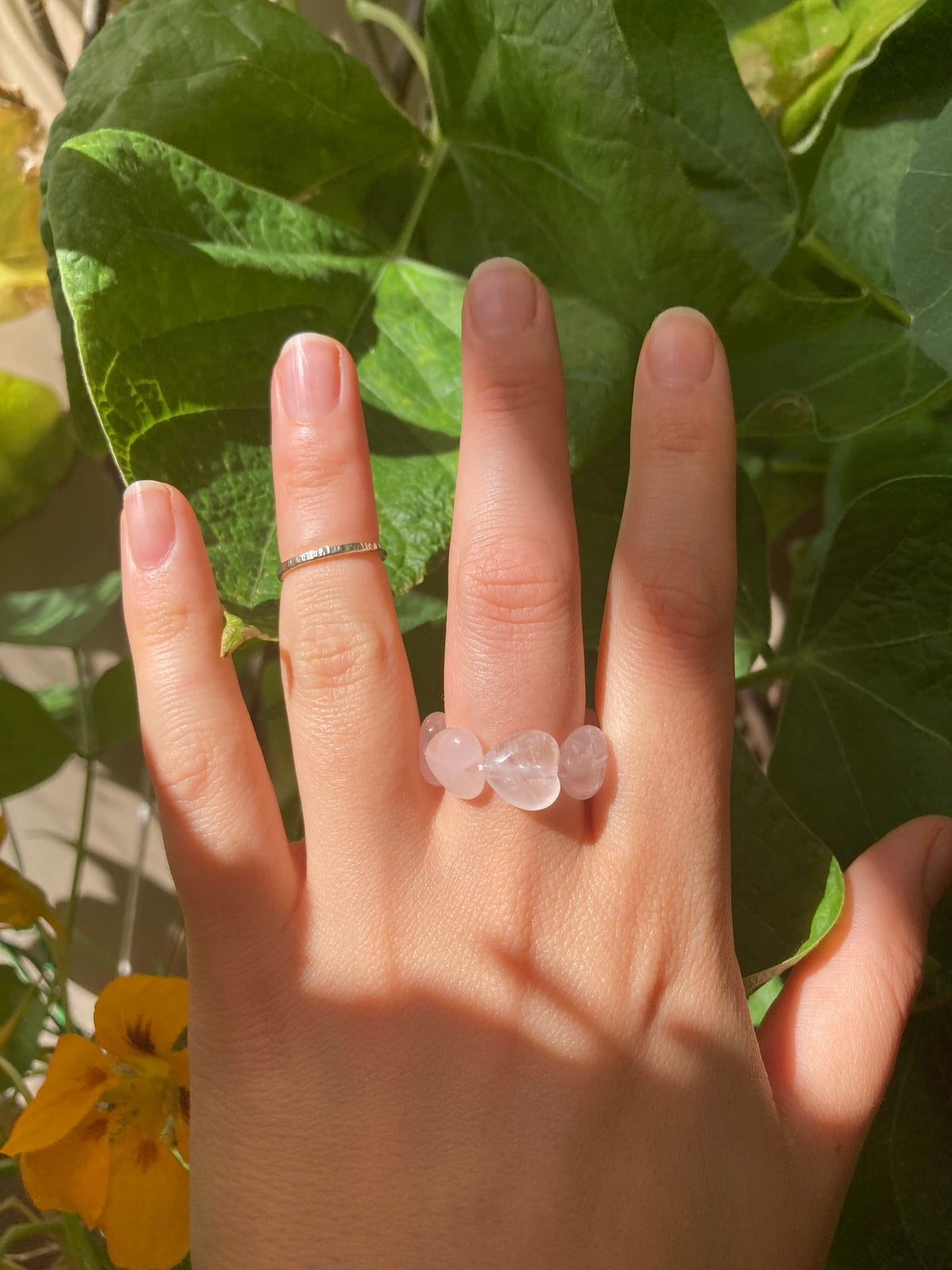 Chunky Handmade Pink Rose Quartz or Moonstone Opal Heart Elastic Anti-Anxiety Ring