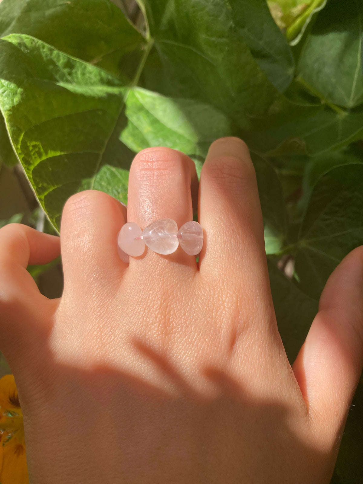 Chunky Handmade Pink Rose Quartz or Moonstone Opal Heart Elastic Anti-Anxiety Ring