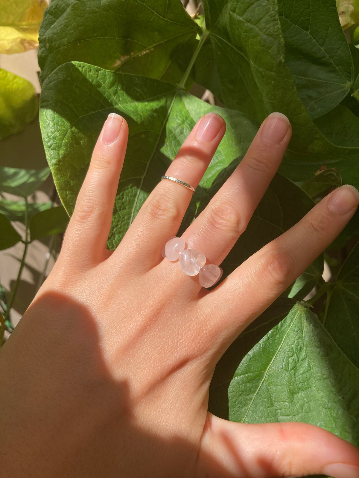 Chunky Handmade Pink Rose Quartz or Moonstone Opal Heart Elastic Anti-Anxiety Ring