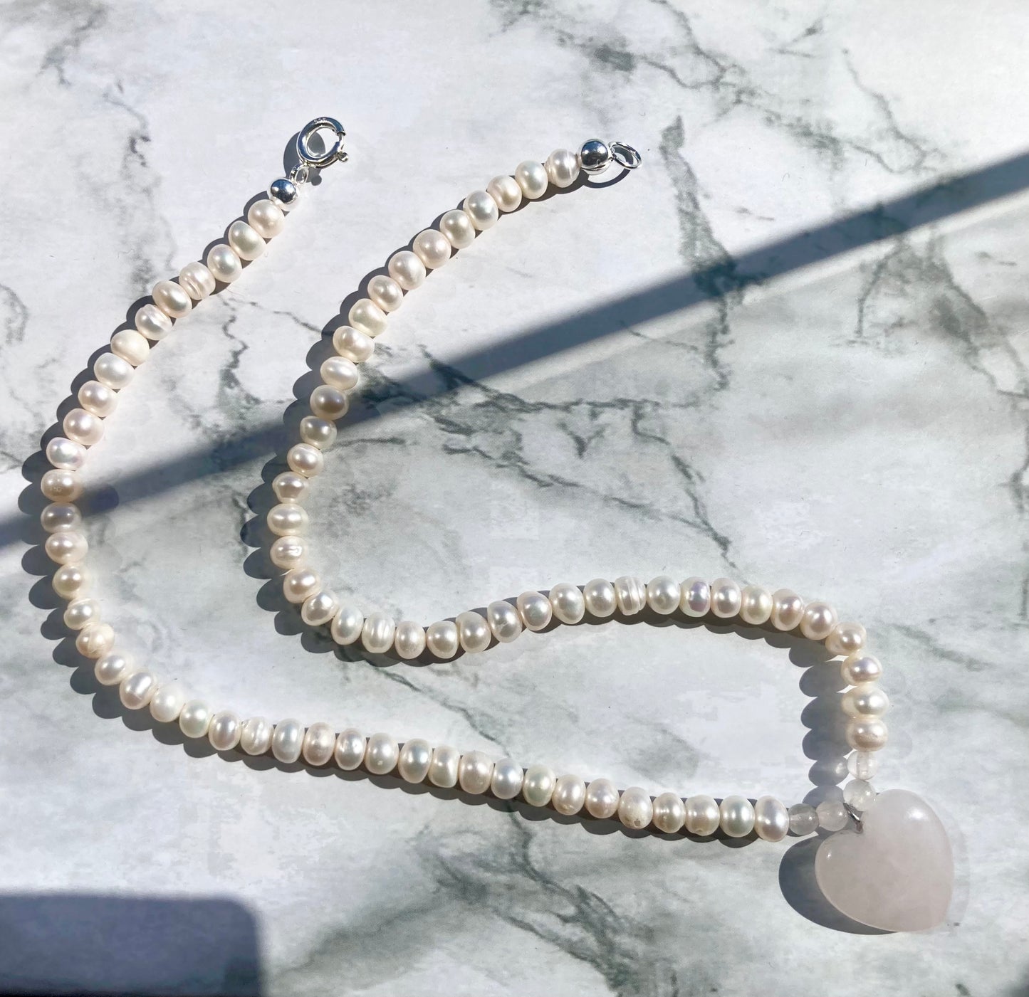 Freshwater Pearl Choker Necklace with Rose Quartz Heart Pendant and Sterling Silver Clasp