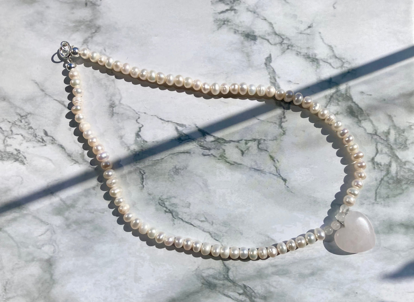 Freshwater Pearl Choker Necklace with Rose Quartz Heart Pendant and Sterling Silver Clasp