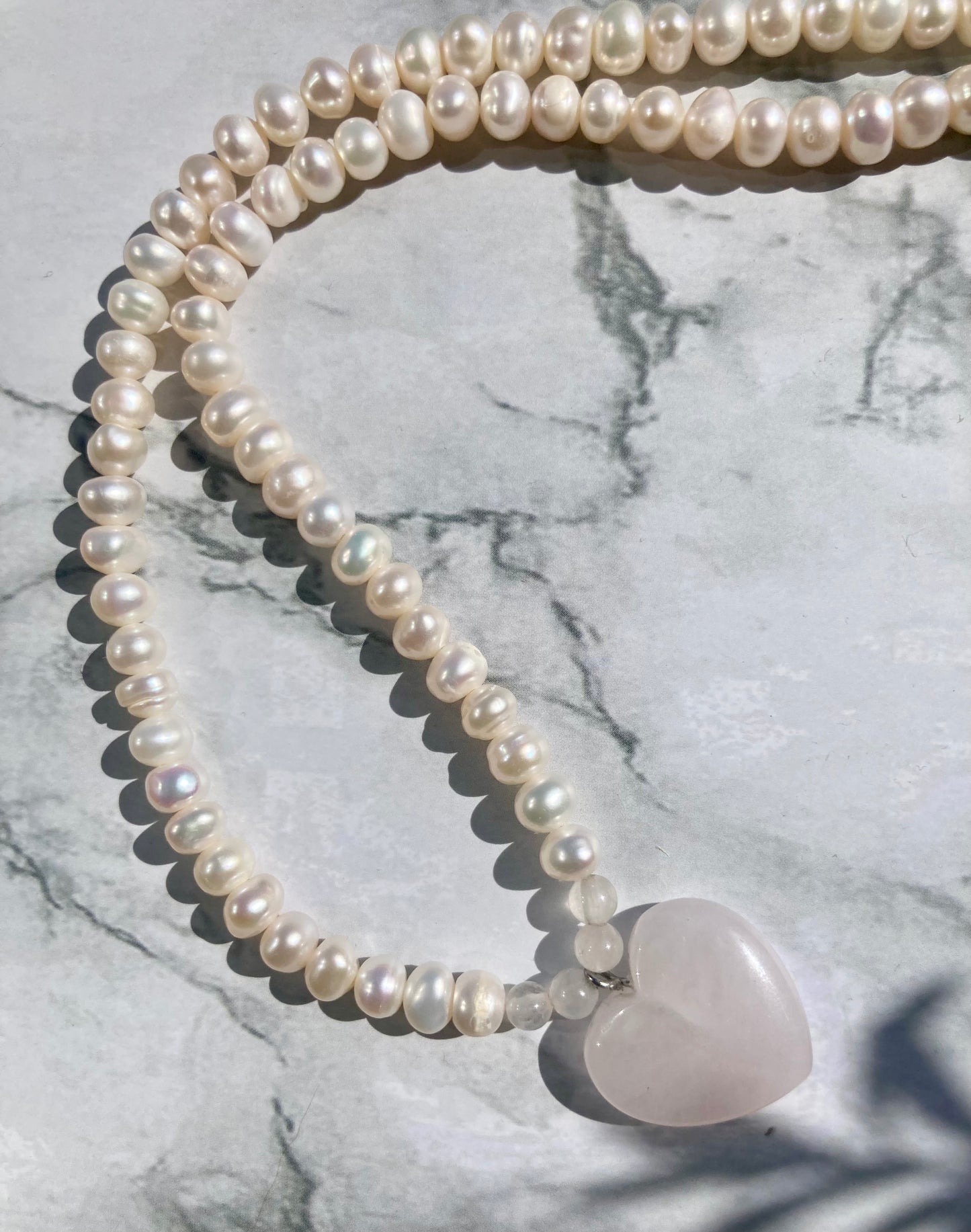 Freshwater Pearl Choker Necklace with Rose Quartz Heart Pendant and Sterling Silver Clasp